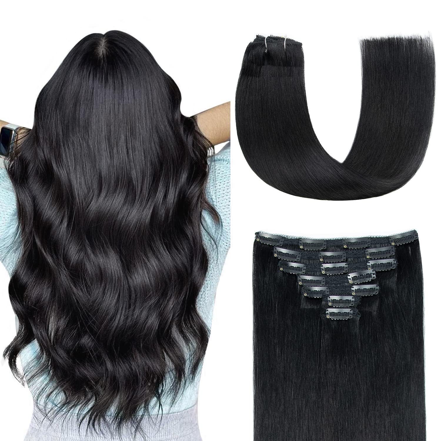 Clip in Extensions Echthaar Glatt 50 cm 7 Stück 120 g #1 Tiefschwarz Remy | Nahtlose Clip-in-Tressen für dünnes Haar, komfortabel für Büro, Urlaub und Fotoshooting