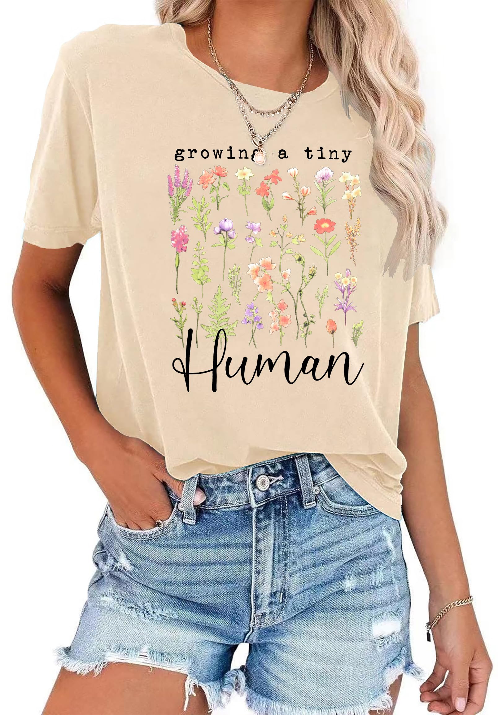 LAZYCHILDPregnancy Announcement Shirt Women Growing Tiny Human Tshirt Floral Maternity Reveal Tee Pregnancy Tops