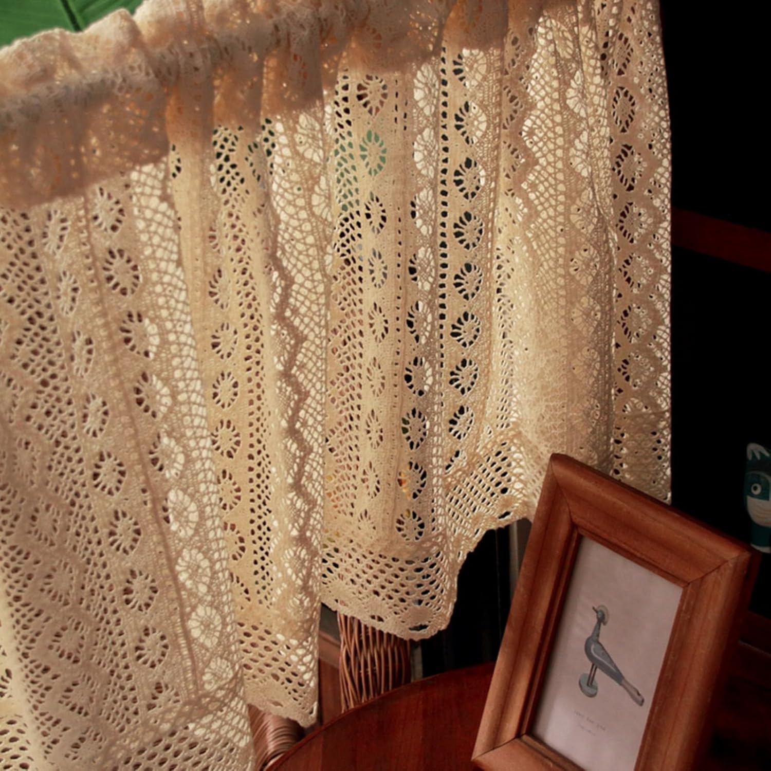 A.Monamour Short Curtain for Small Window Rustic Boho Cotton Geometric Hollow Crochet Lace Semi Transparent Cabinet Curtain Door Curtain Window Treatment Valance Tier Curtain for Kitchen Café Bedroom