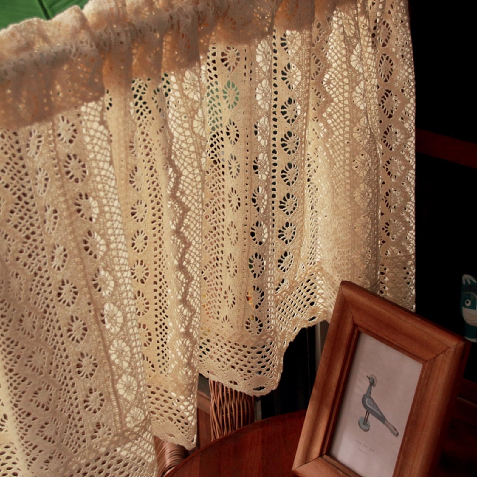 A.Monamour Gardine Scheibengardinen Kurzstores Rustikale Boho Baumwolle Geometrisch Hohl Gehäkelt Spitze Halbtransparent Kurzvorhang Küchengardine Küche Vorhang Fenster Kurz Stores Bistrogardine