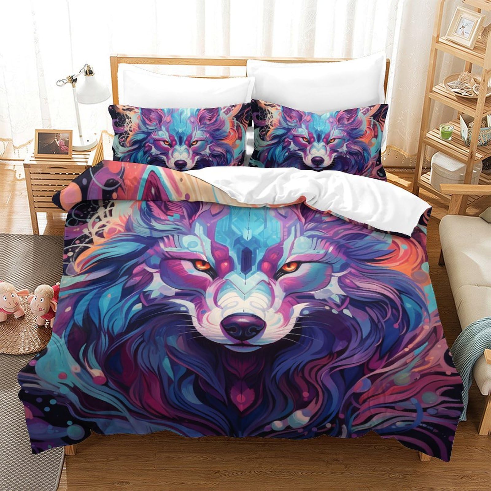 Parure de lit loup 3D haut de gamme en microfibre respirante 3 pièces double 200x200cm