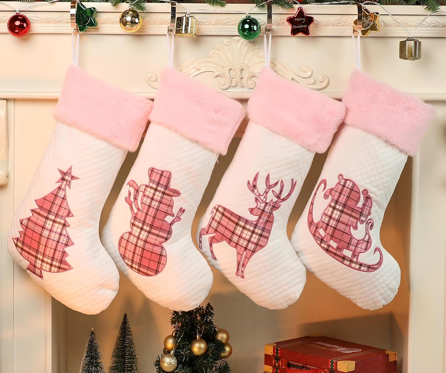 White Pink Christmas Stockings 4 Pack 20" Large Embroidered Buffalo Plaid with Pink Fur Fireplace Hanging Xmas Stockings for Family Holiday Season Decor(Set of 4)