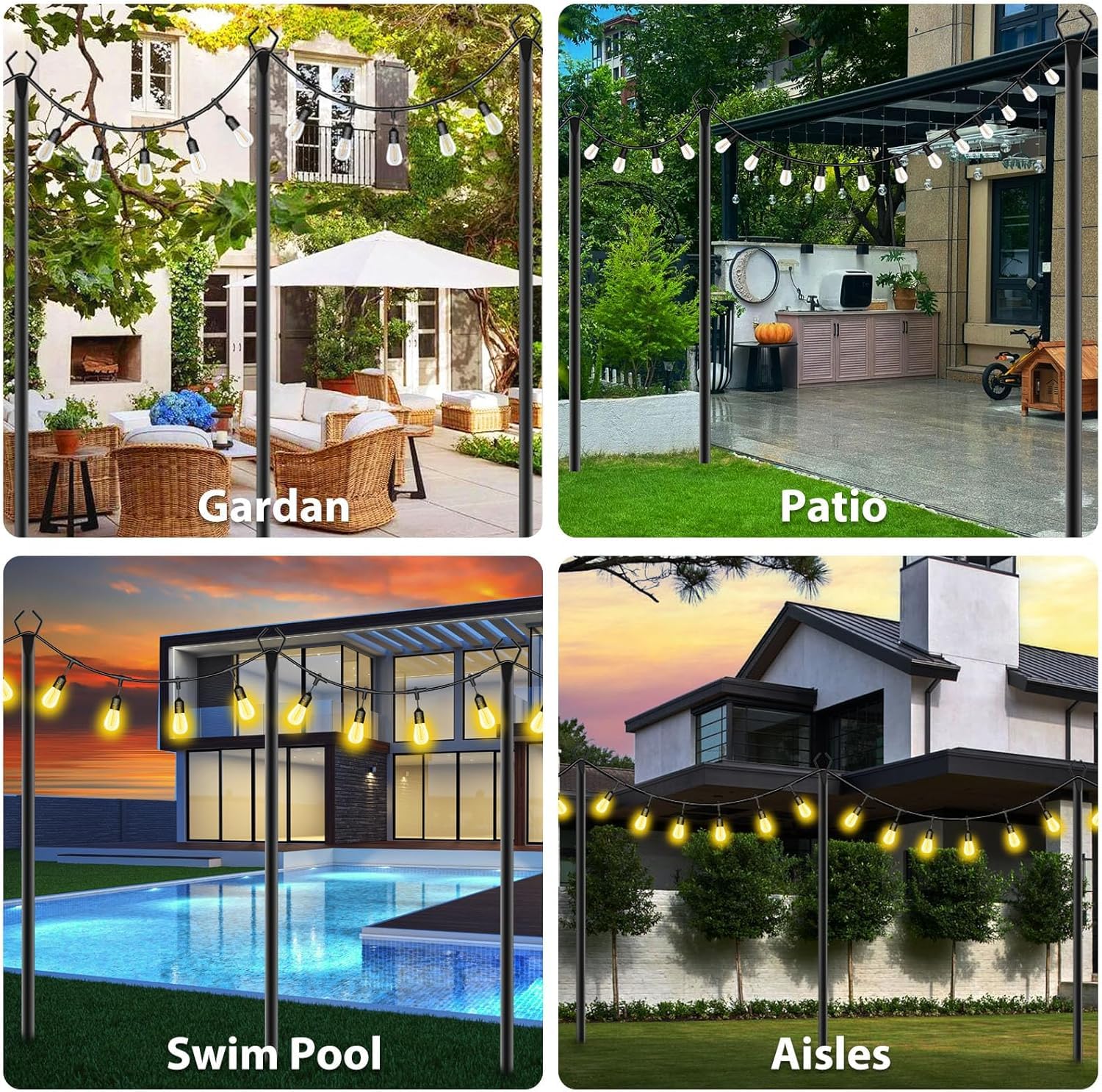 Juego de 4 Postes de Luz de Metal de 3m/10 pies, Postes Metalicos de Iluminación con Tenedor para Guirnaldas Luminosas Exteriores, para Exteriores, Patios, Terrazas, Jardines, Fiestas, Bodas