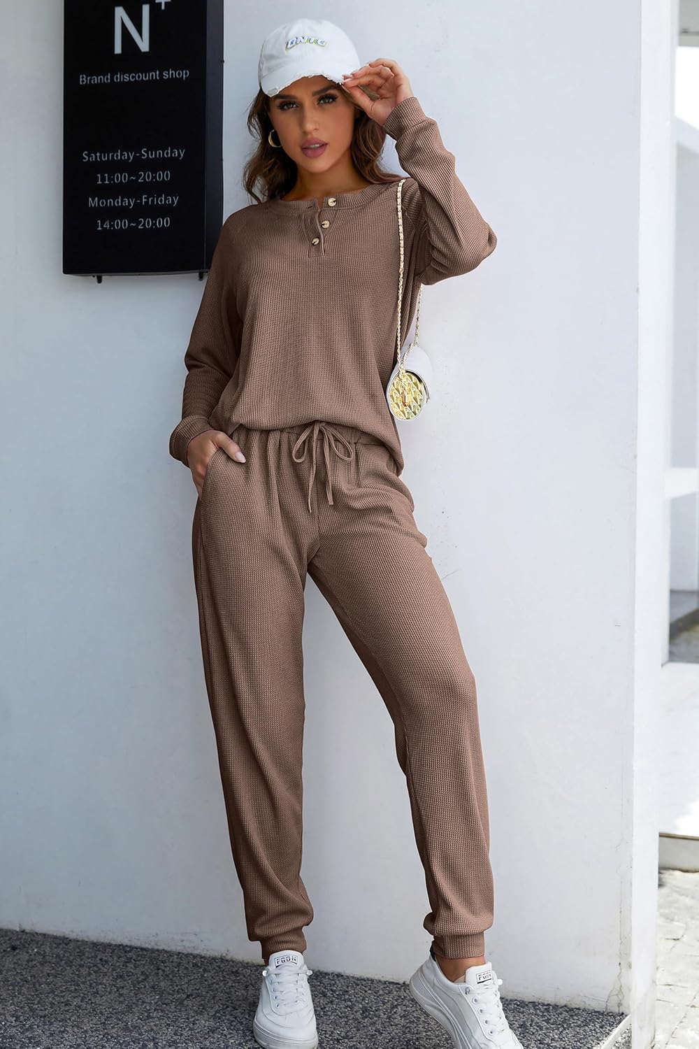 Andeip Womens Pajama Set Waffle Knit Lounge Set 2 Piece Long Sleeve Top and Pants Loungewear Pj Sets