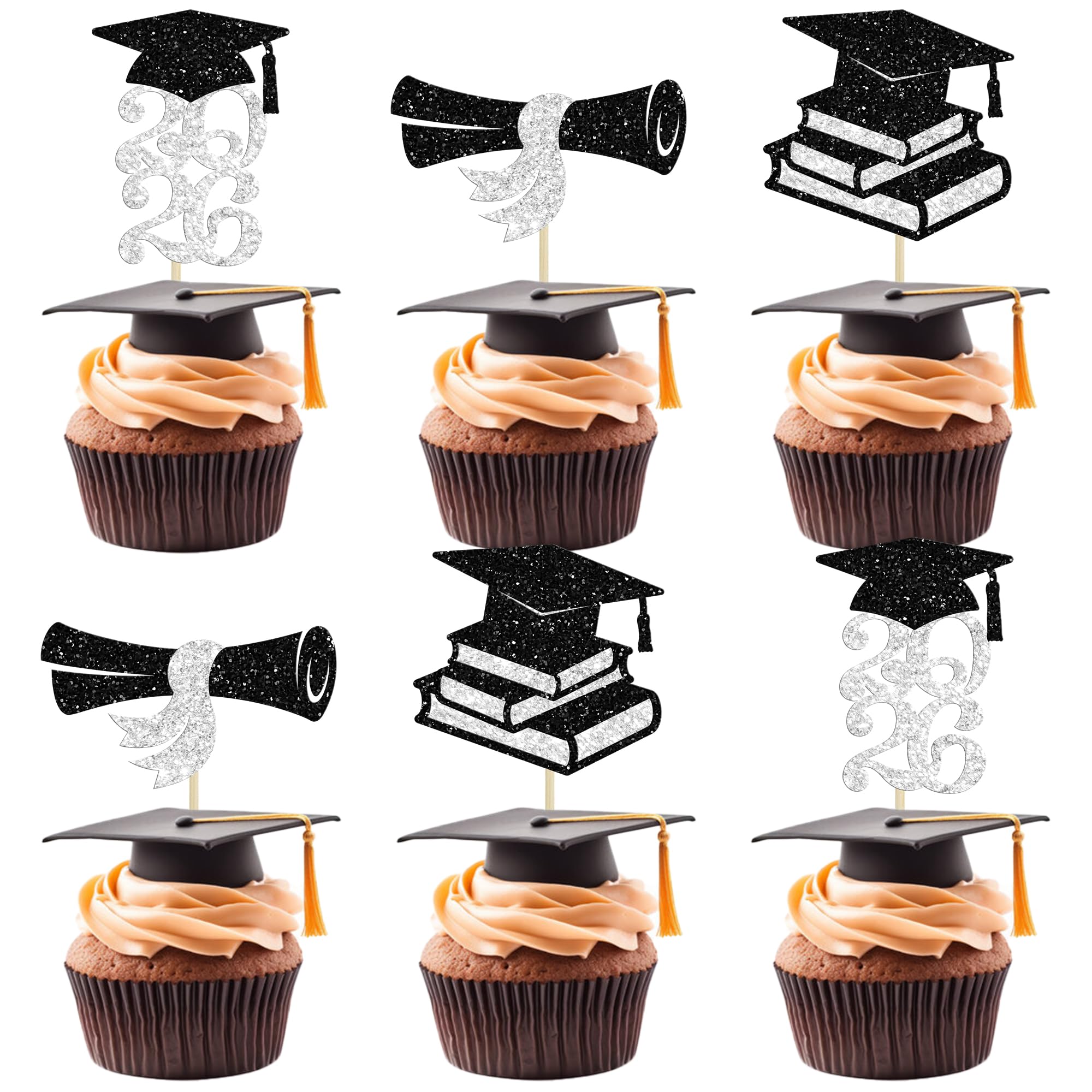 Ephlyn 24Pcs 2026 Graduation Theme Cupcake Toppers Glitter Class of 2026 Cupcake Picks Diploma Grad Cap Cupcake Decorations for 2026 Graduation Theme Party Cake Decorations Supplies Black Silver