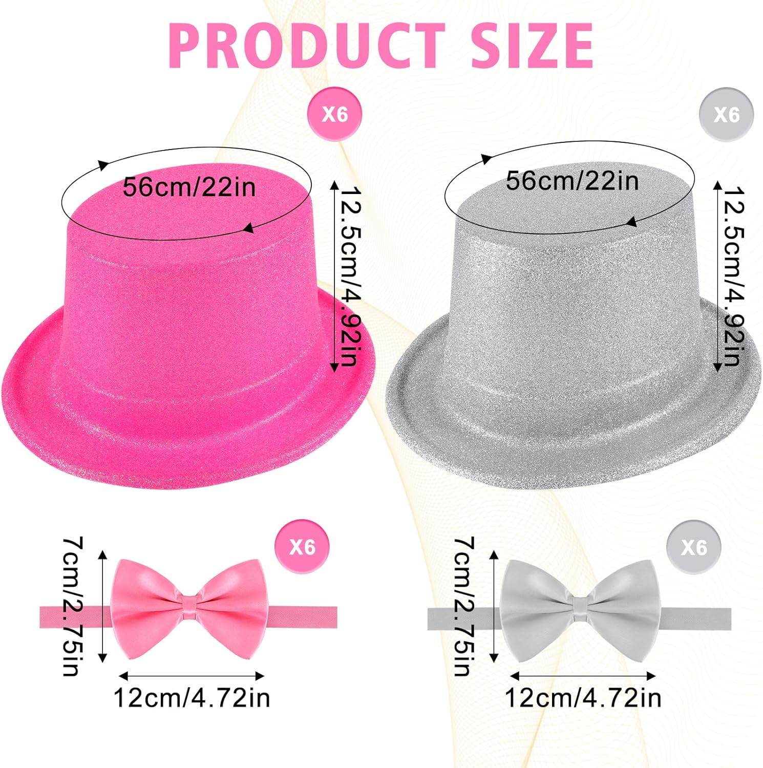 12 Pcs Top Hats Adult Glitter Top Hats with 12 Pcs Bow Ties Glitter Plastic Disco Party Hat for New Year Eve 2026 Shiny Magician Top Hat Magician Birthday Wedding Cosplay Party Supplies(Pink,Silver) - Image 2