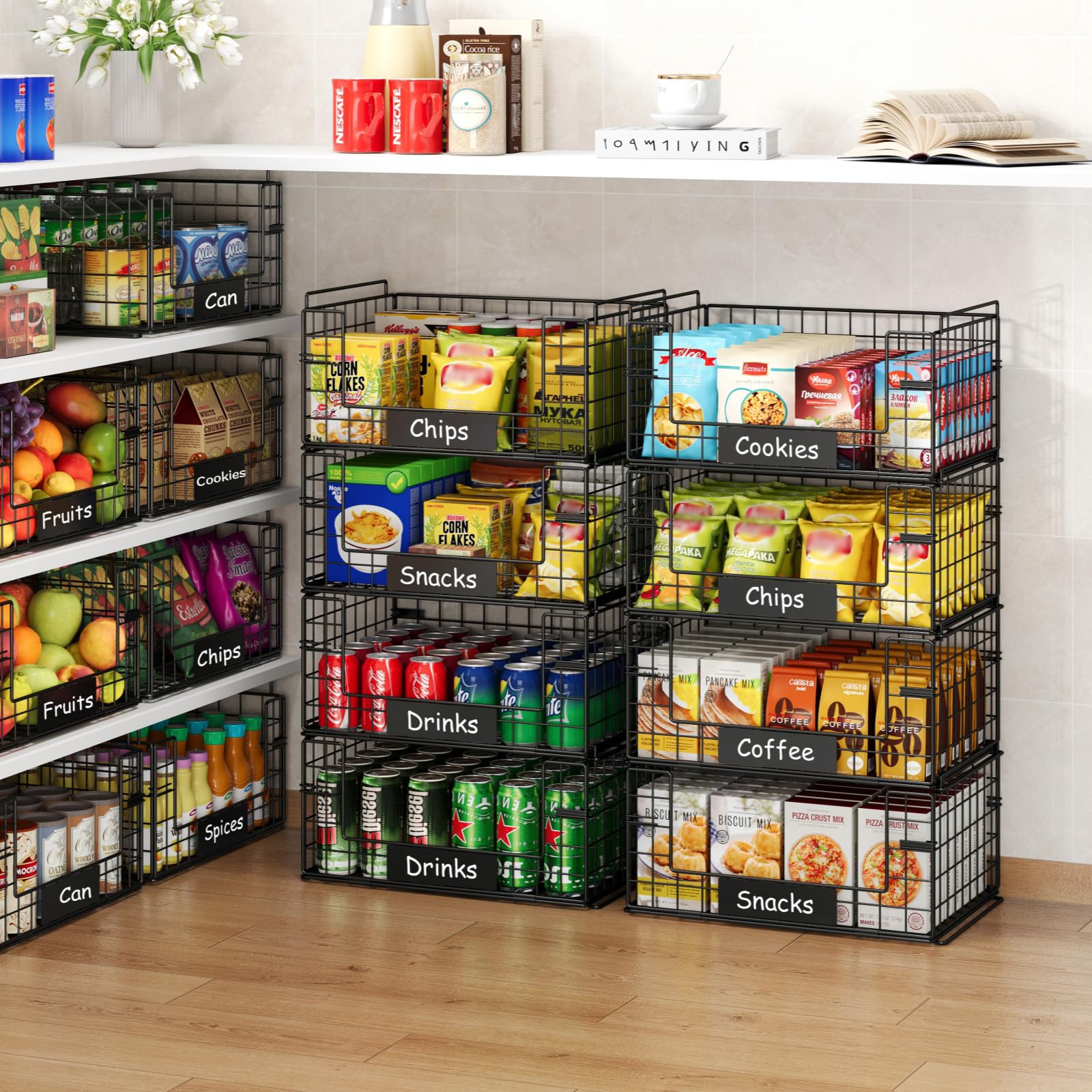 JKsmart Paquete de 4 cestas de alambre apilables XXL con asas para almacenamiento y organización de despensa, cesta de frutas y verduras con placas de nombre, contenedores de almacenamiento de metal