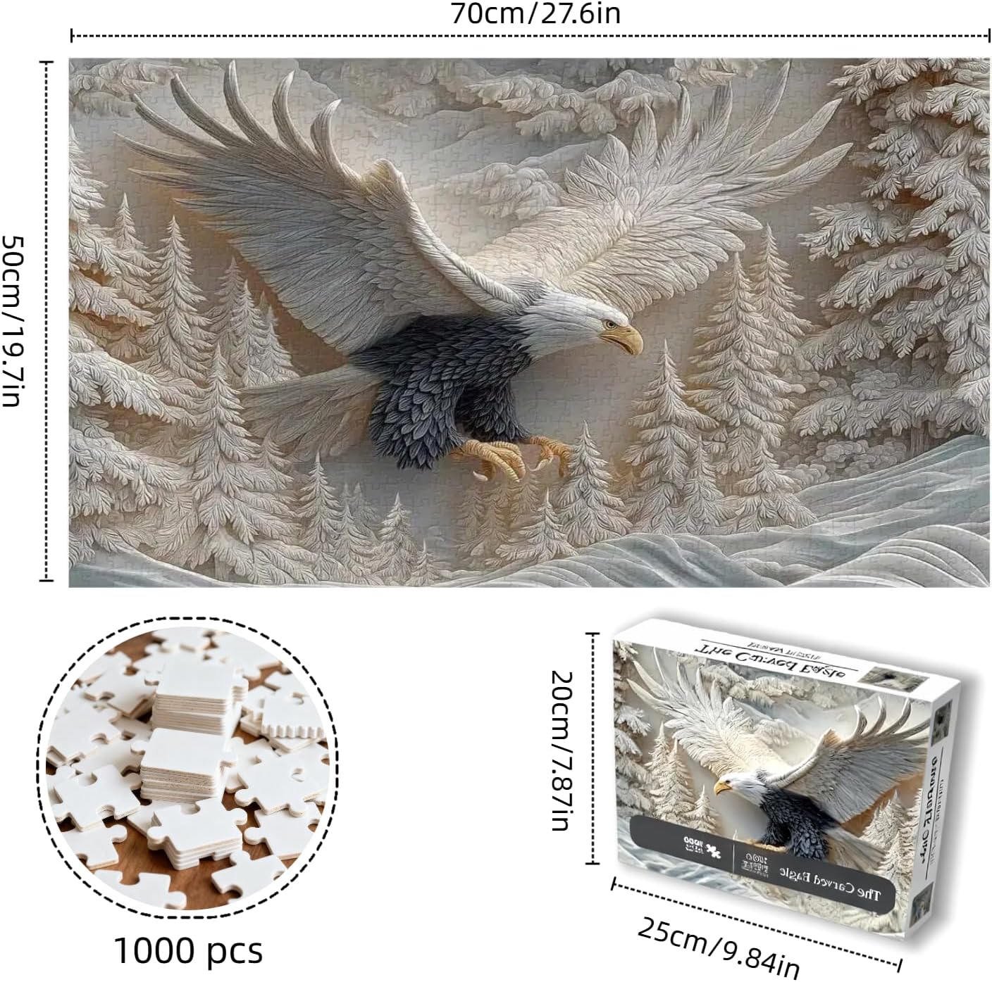The Carved Eagle Jigsaw Puzzle 1000 Pieces, Majestic Bald Eagle Puzzles for Adults, White Forest Art Nature Animal Bird Puzzle for Home Decoration