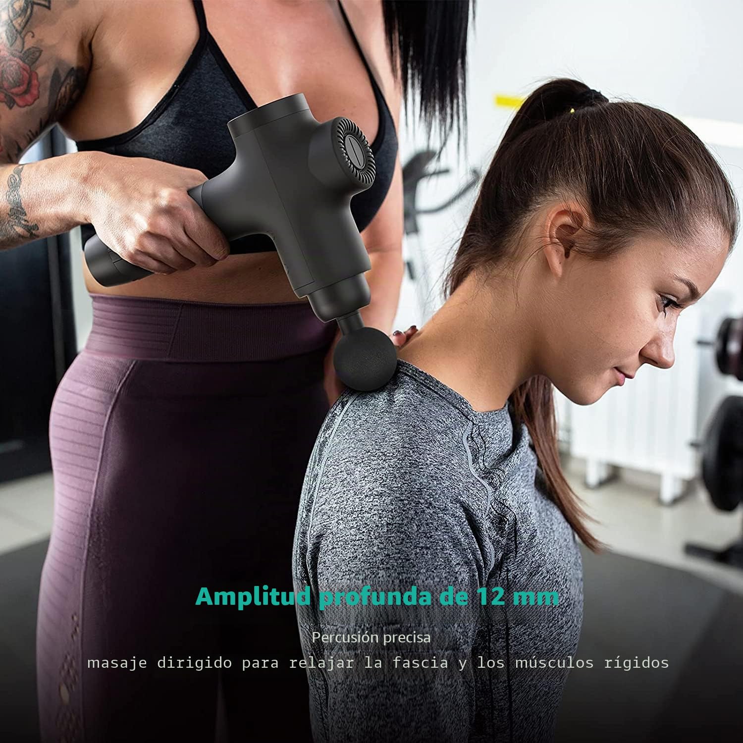 Mebak Pistola de Masaje Muscular Profesional Masajeadora Eléctrica Percusión Tejido Profundo 7 Cabezas 5 Velocidades Amplitud 12mm