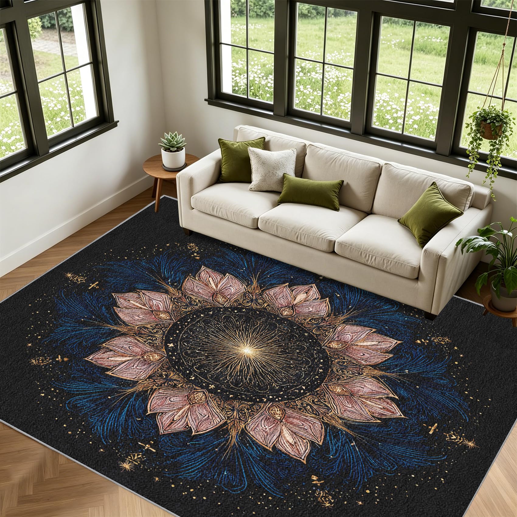 Générique Mandala Lotus Tapis Méditation Salon 180x240cm | Tapis Chambre Lavable Antidérapant Poil Court, Moquette Motif, Décoration Carpet