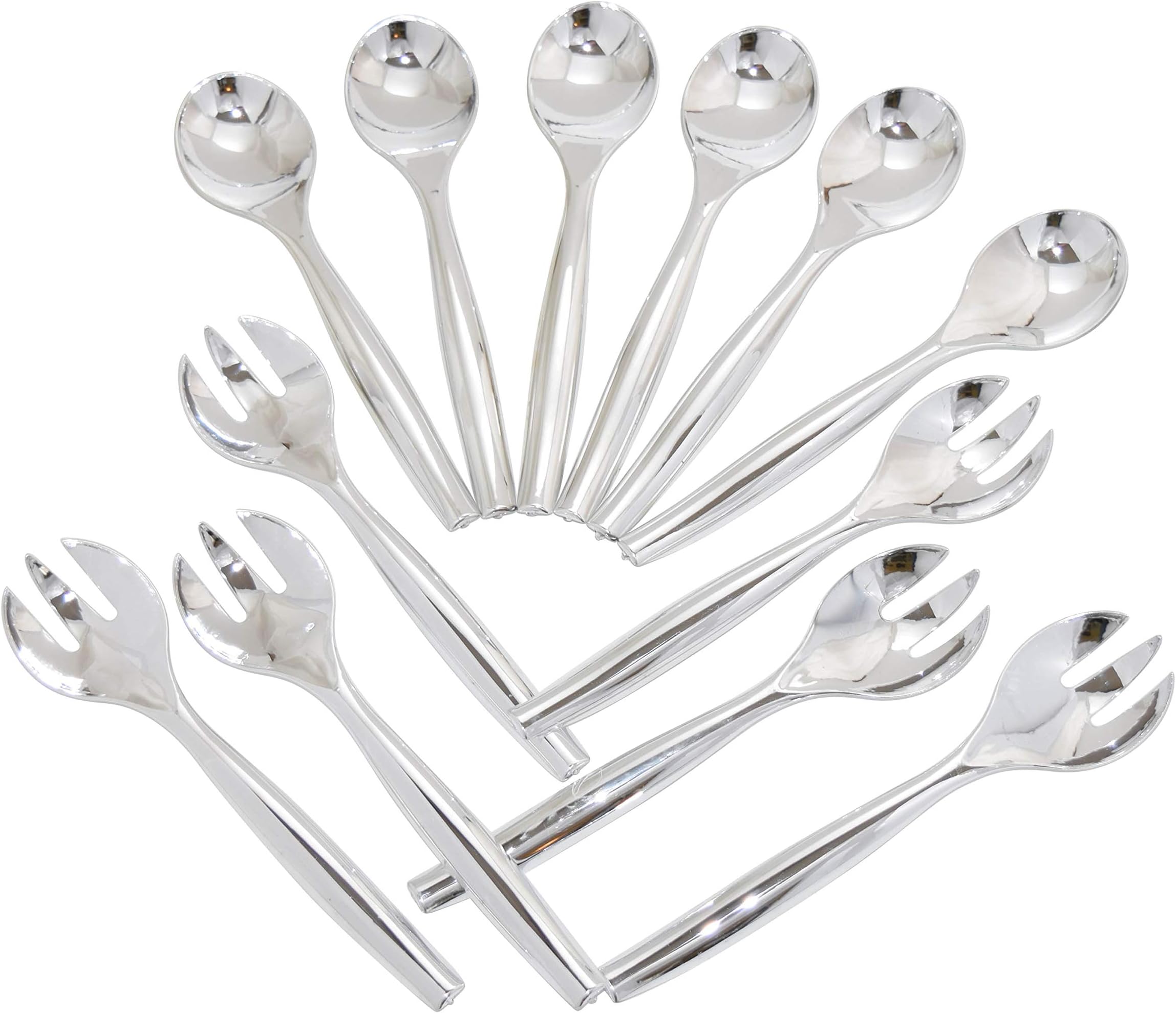 12 Heavy Duty Disposable Plastic Serving Utensils - Six Each (10" Forks & 10" Spoons) - Silver