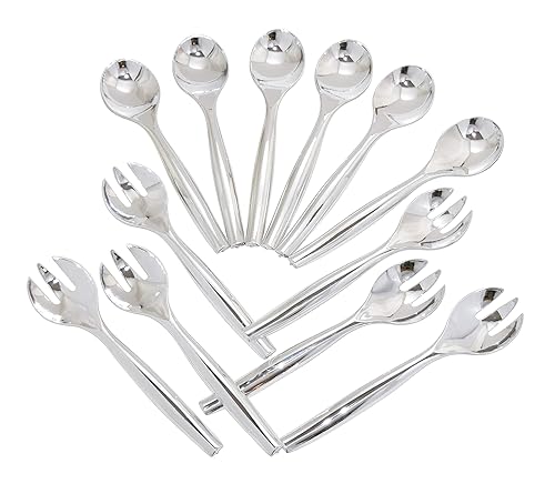12 utensilios de plástico desechables resistentes para servir, seis tenedores de 10 pulgadas y cucharas de 10 pulgadas, color plateado