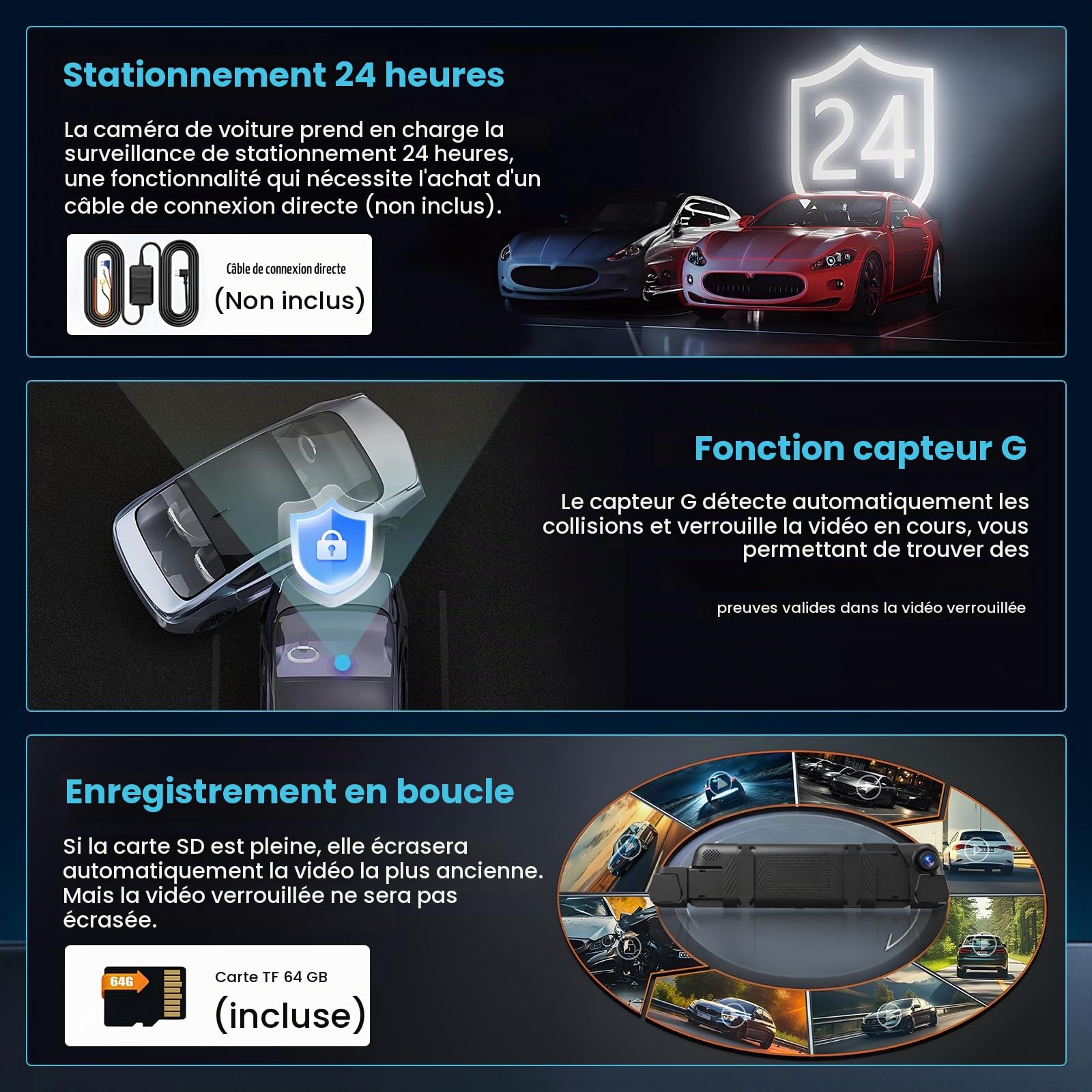 Inefala Dash Cam Rétroviseur 4 Canaux 9,66" Tactile | Avant Arrière, WiFi, App, G-Capteur, Carte 64 Go, Grand Angle, Vision Nocturne, Boucle