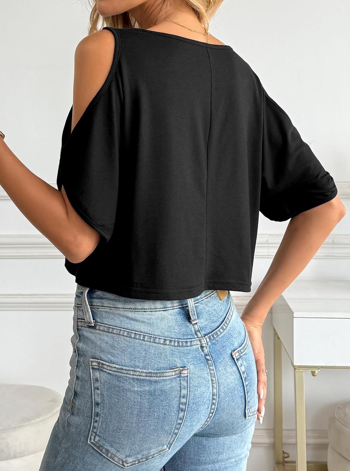 Hilinker Women Cut Out Crop Tops Sexy Going Out Tees Summer Cold Shoulder T Shirt - Image 4