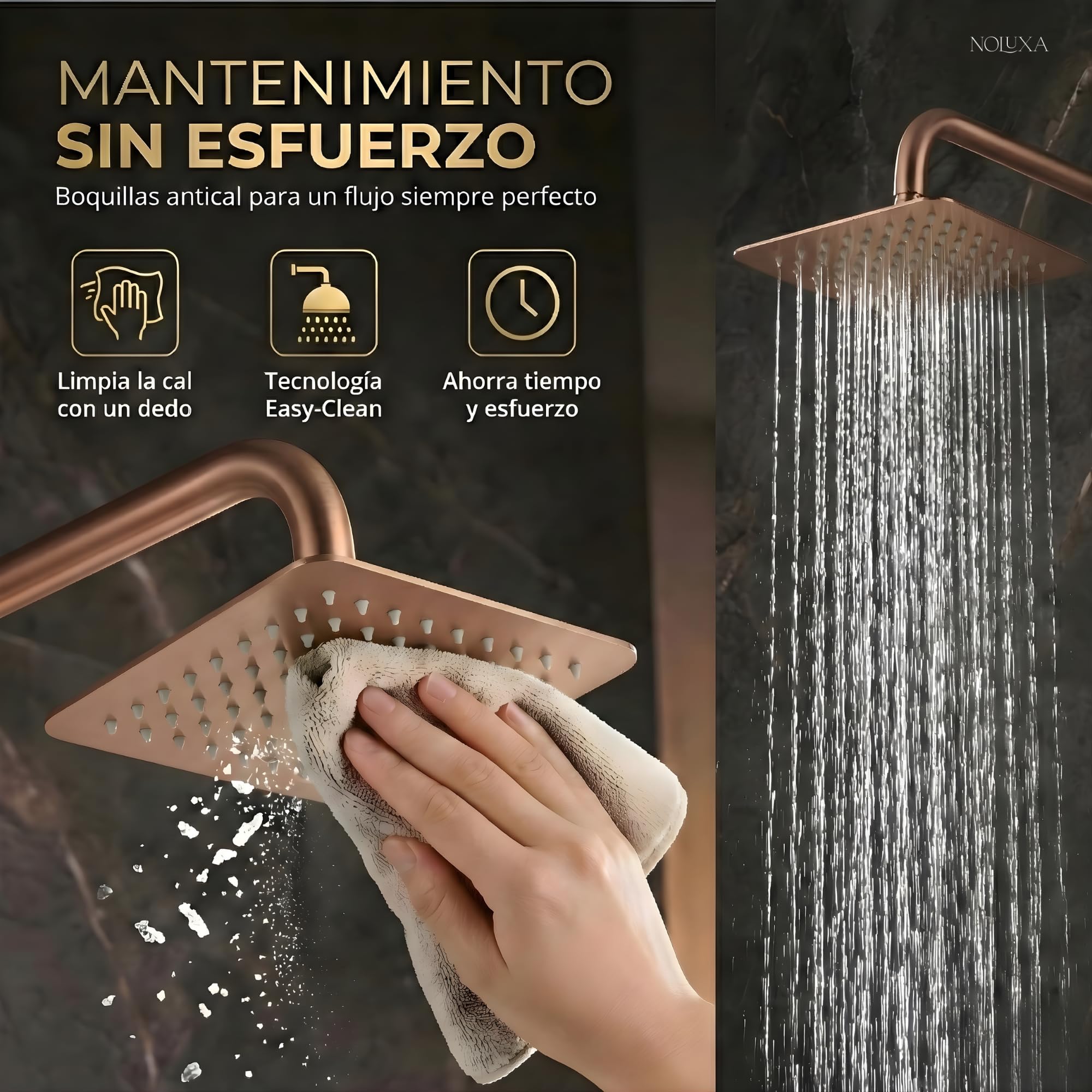 IMEX - Rociador Ducha Efecto Lluvia 25x25cm Oro Rosa Cepillado | Rociador Cuadrado Extraplano y Antical para Columna de Ducha | Fabricado de Acero Inoxidable S.304 | Recambio Original IMEX