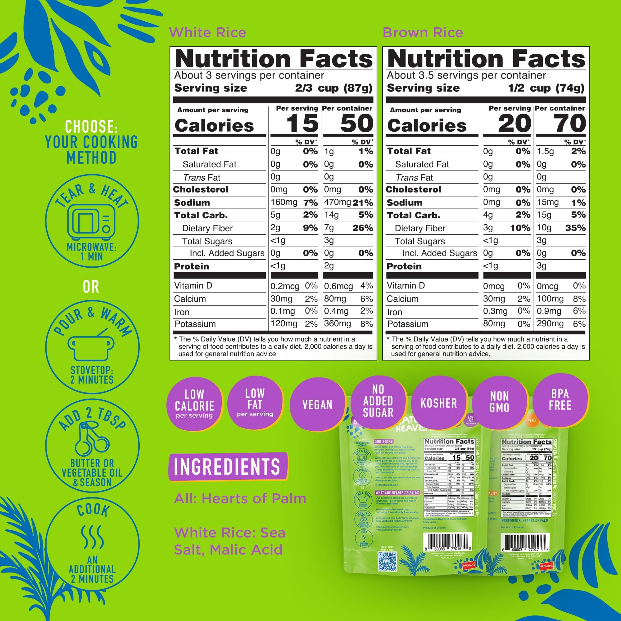 Natural Heaven White & Brown Rice, Hearts of Palm Variety 6-Pack – Naturally Rich in Potassium, Low-Calorie Veggie Rice, Keto & Gluten-Free Food, Vegan, 9 Oz