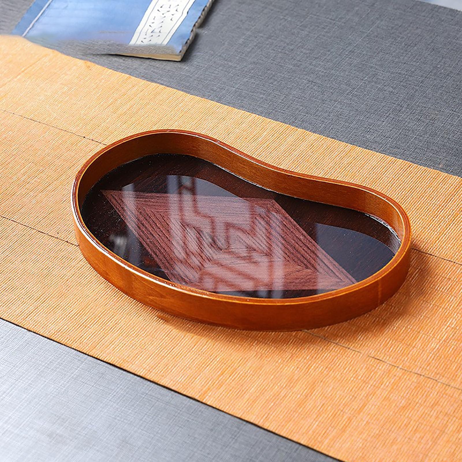 Glass Serving Tray With The Pattern And Walnut Decorative Candle Storage Holder Tea Cup For Kitchen Countertop Home Decor Coffee Table(B)