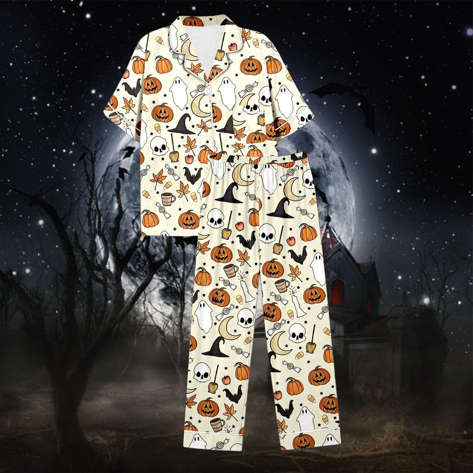 Genérico Conjuntos Pijama Mujer Halloween Satén Seda Manga Corta Abotonado Pantalones Cortos Ropa Dormir Cómoda Elegante Otoño Invierno