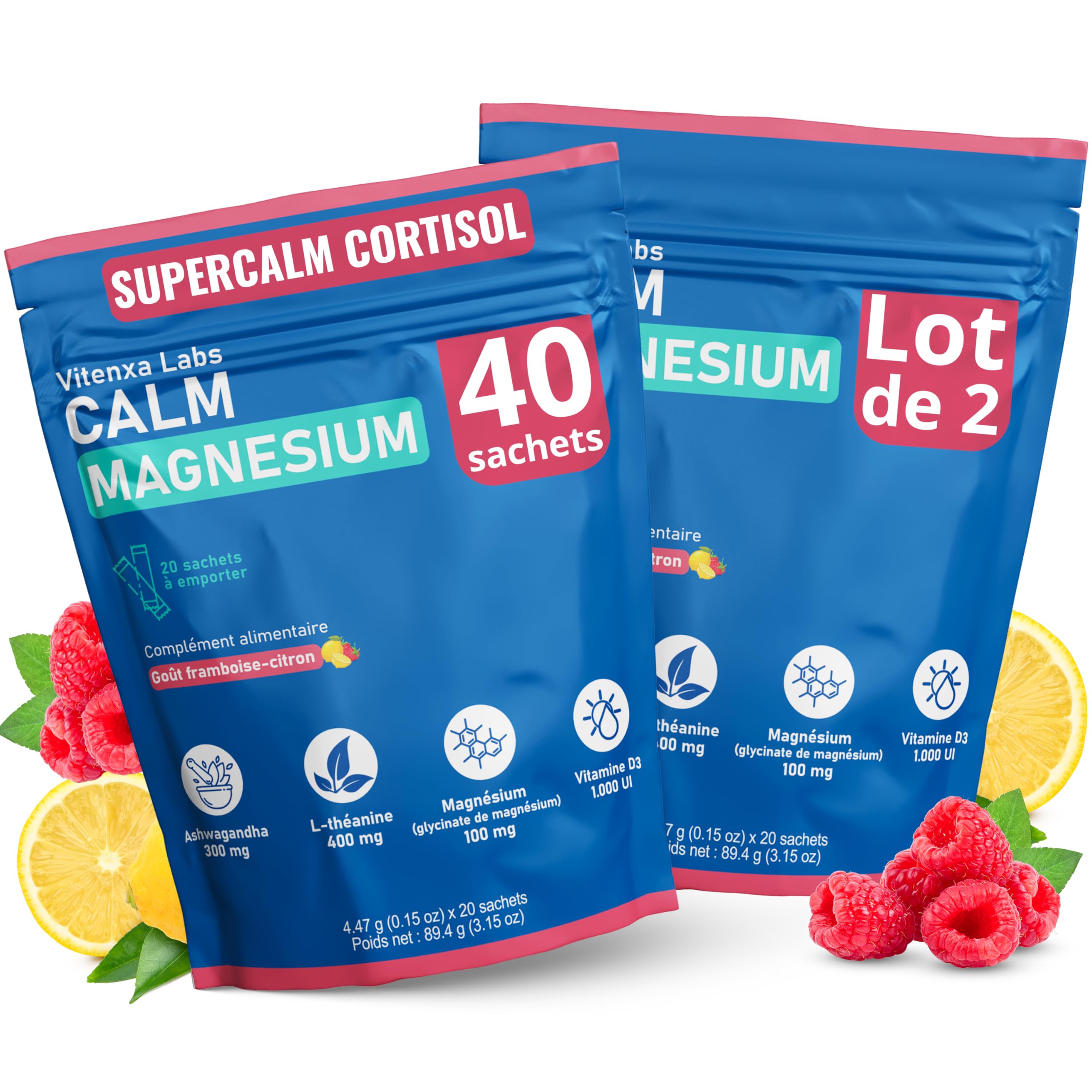 Supercalm Cortisol Drink Blend Packets, Calming Magnesium for Relaxation, Concentration and Sleep, Raspberry Lemonade, No Sugar, Non-GMO, Vegan (Pack of 2-40 servings)