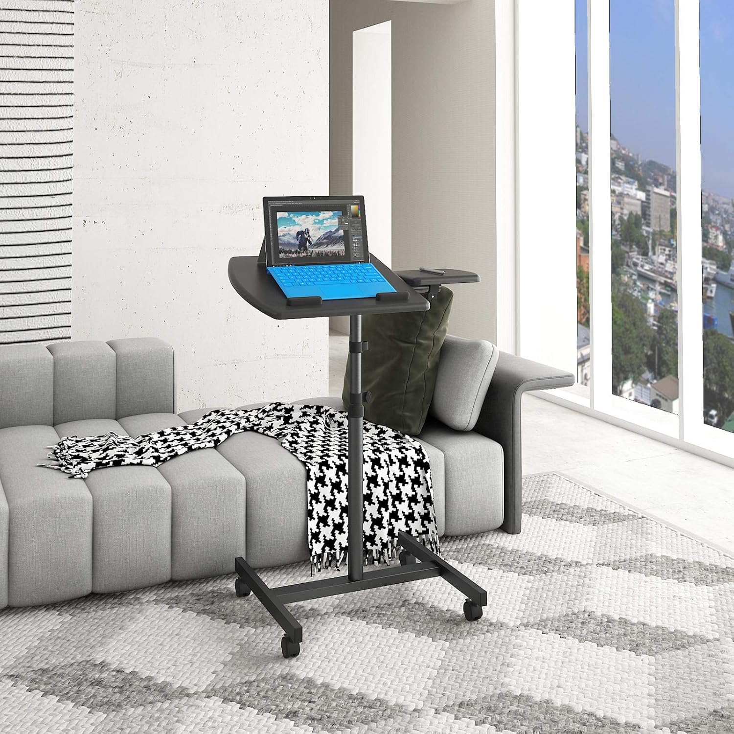 Buу 1 gеt 1 Overbed Bedside Desk Mobile Rolling Laptop Stand Tilting Table with Wheels Height Adjustable Tray Table for Laptop Bed Sofa Side Table White