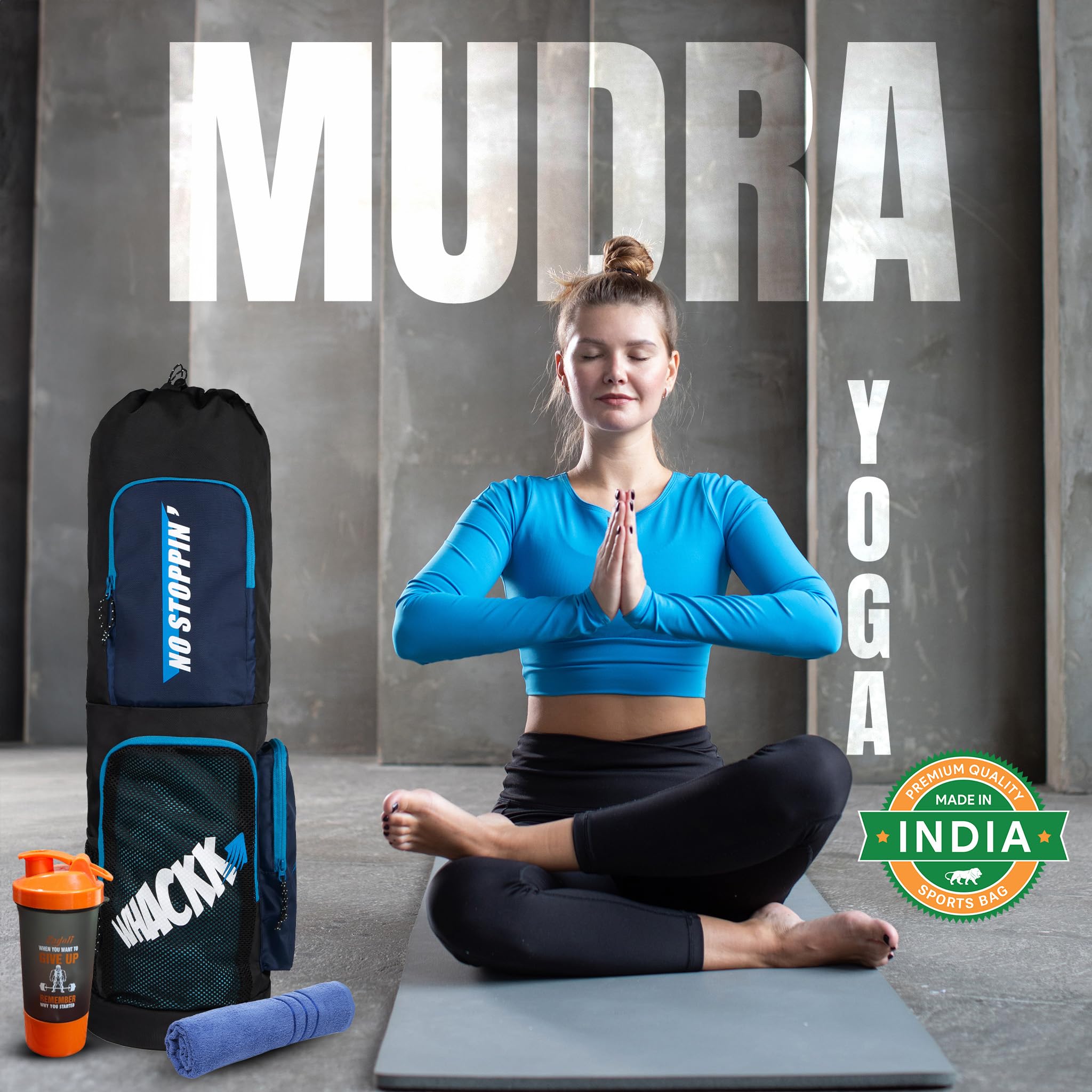 WHACKK Mudra Unisex Yoga Aerobics Gym Mat Bags Air Ventilated Pocket for Shoes, Front & Top Open, Carry Way with 3-Way Options i.e. Backpack, Holdall or with a Loop (Navy) 1