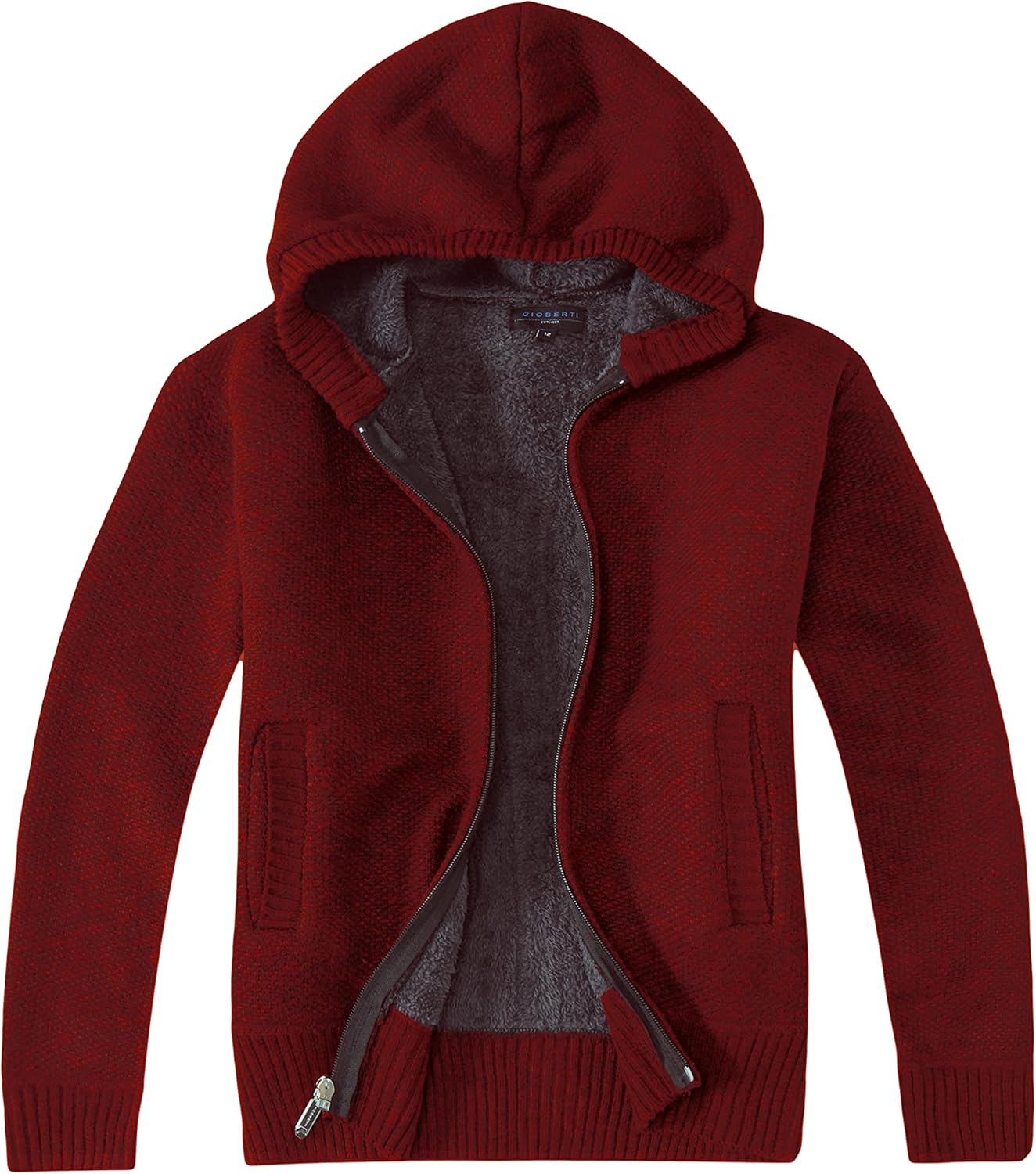 Gioberti Boy's Full Zip Knitted Cardigan Sweater with Hoody and Sherpa Lining