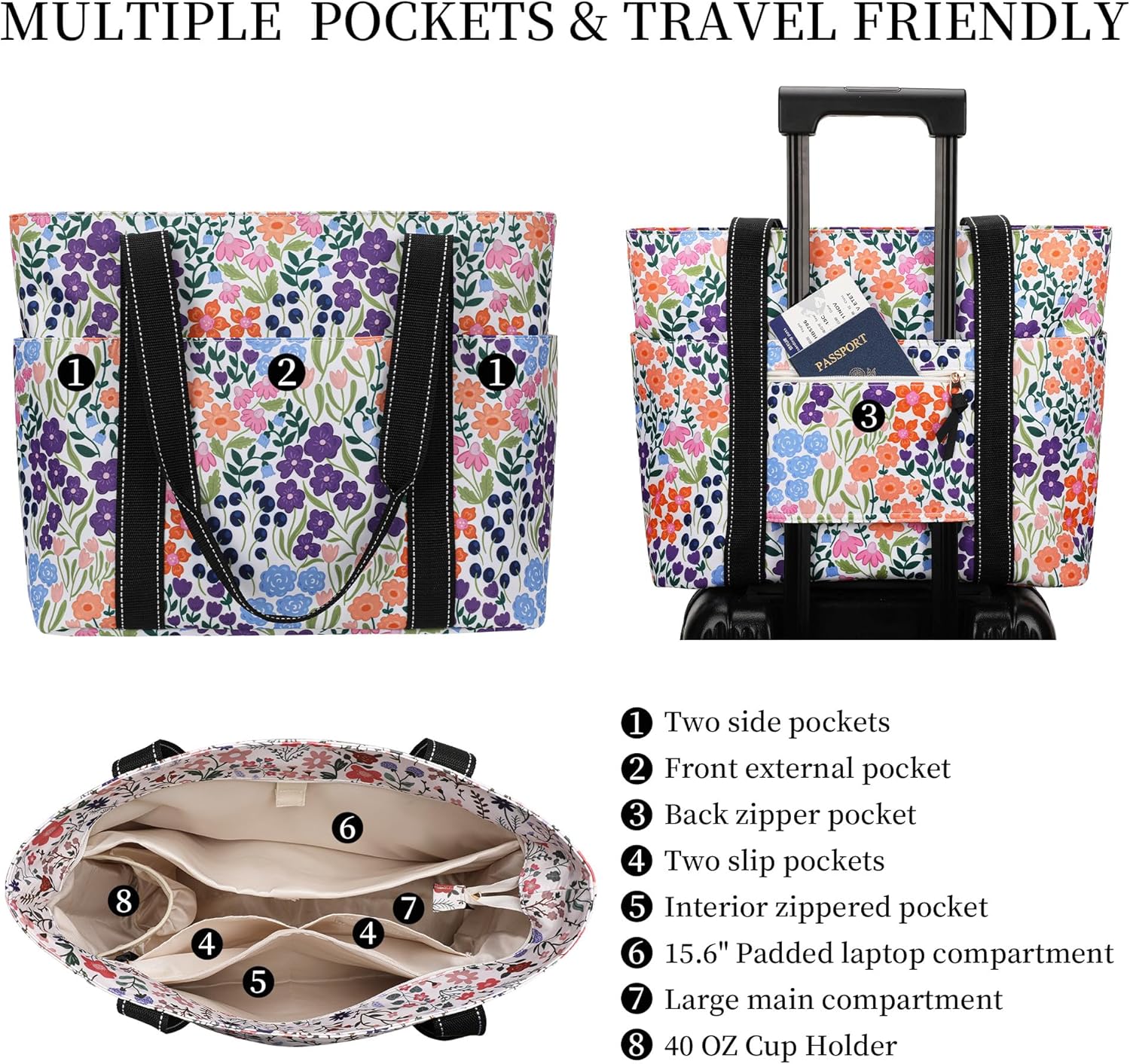 Tote Bag for Women with Laptop Compartment & Cup Holder,Nylon Bag for Work,Travel,Gym,Beach,Teacher,Nurse,School,Mom