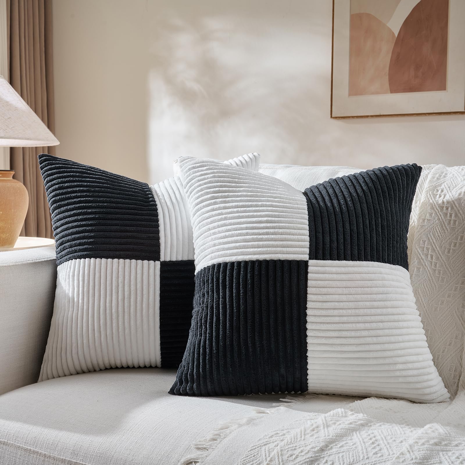 Fancy Homi Set of 2 Black White Big Decorative Throw Pillow Covers 24x24 Inch for Couch Bed Sofa, Modern Farmhouse Boho Home Decor, Soft Cross Corduroy Patchwork Accent Square Cushion Case 60x60 cm โ image 1