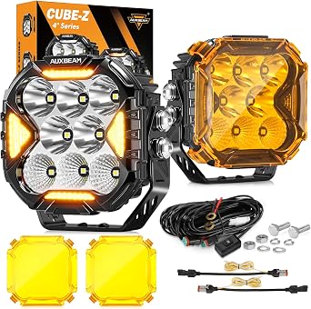 Auxbeam Cube-Z Series 4" LED Podlight with Amber Cover, 112W 12800LM Flood Spot Combo Offroad Driving Light with DRL Turn Signal, Cube Ditch Light with DT Wiring Harness Pair for Jeep ATV UTV