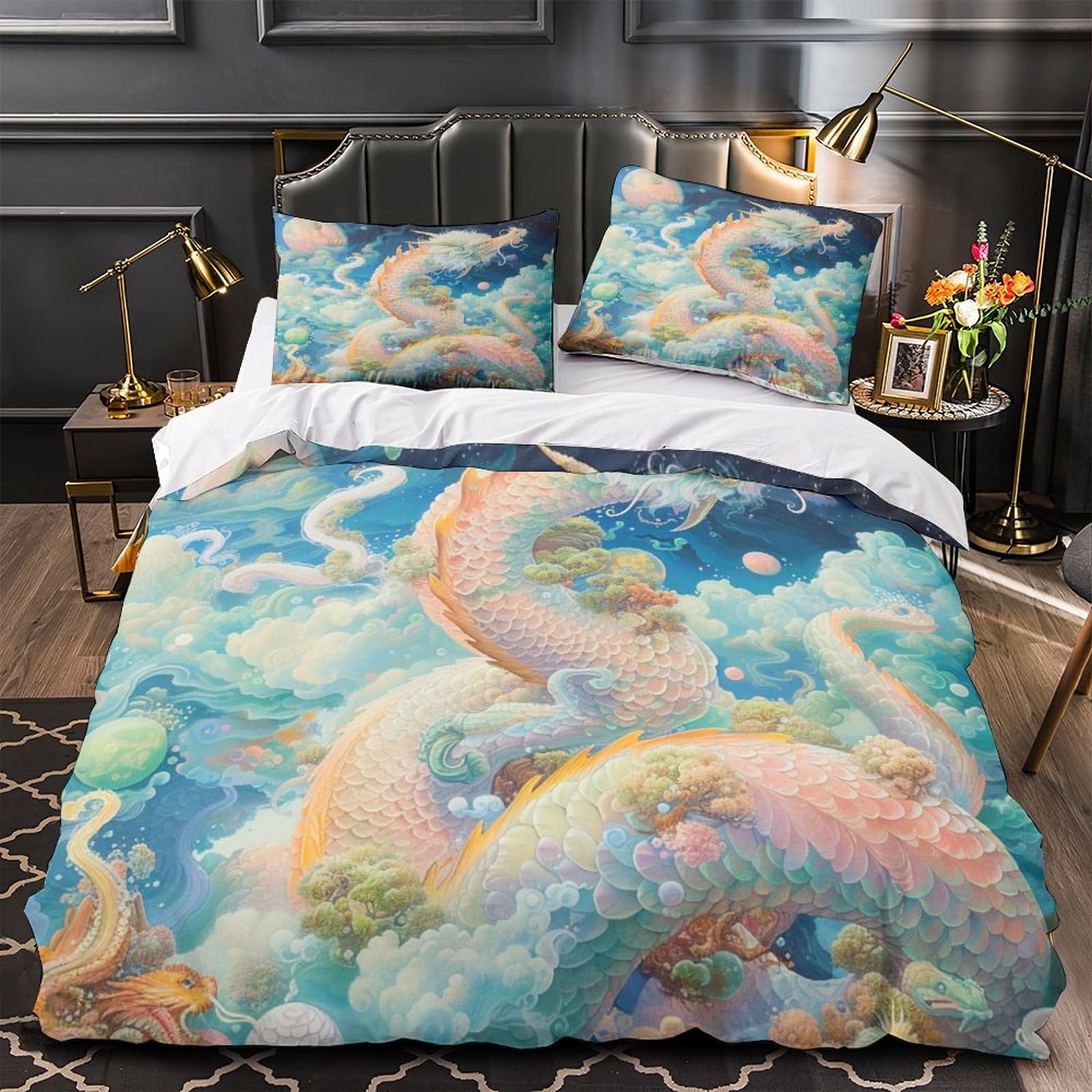 Stampato in 3D Loong cinese Copertina Stampata Microfibra Disegnata Biancheria Da Letto Ipoallergenico Set 3 Pezzi,Double（200x200cm）, Per Ragazzi Adulti