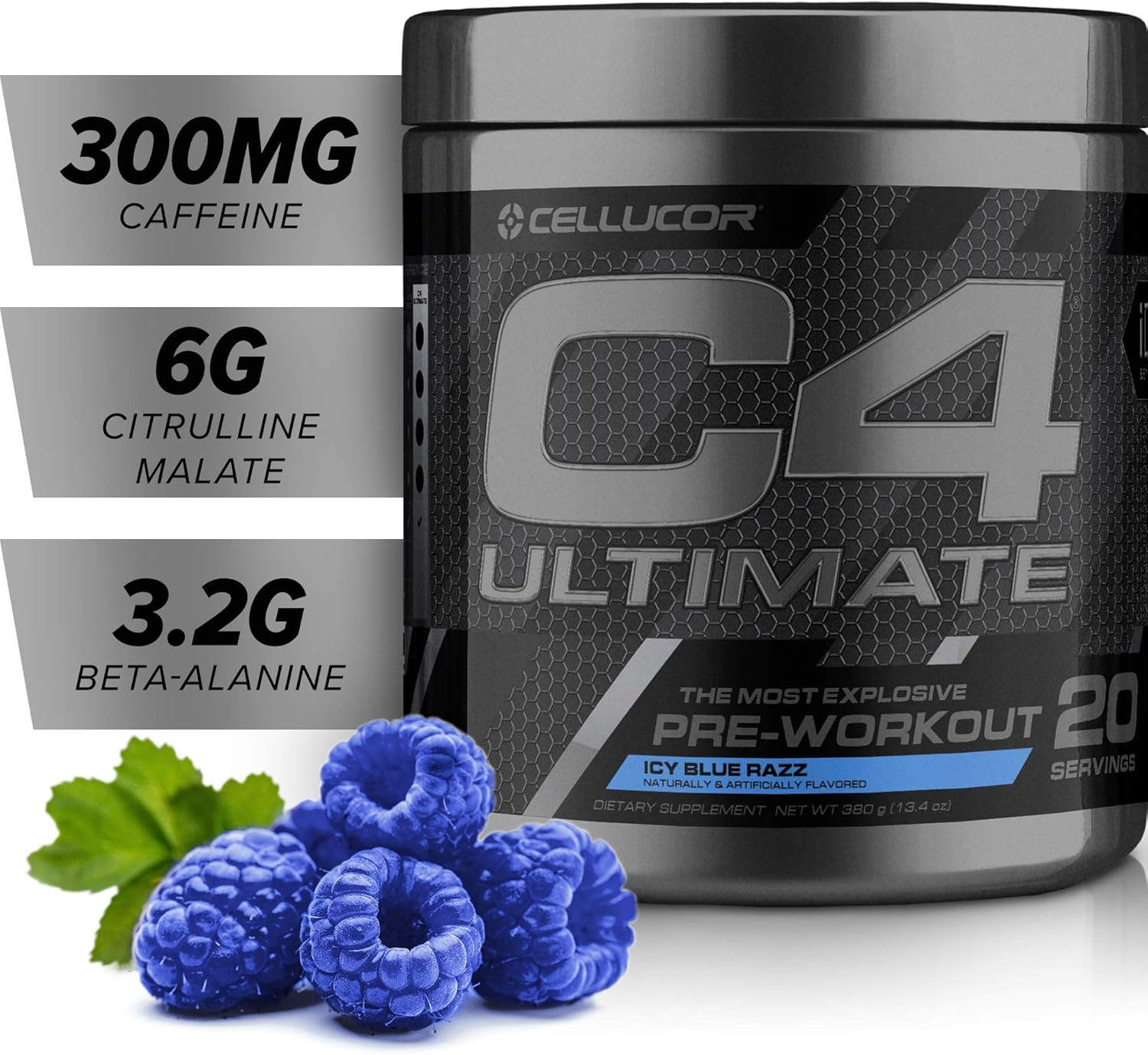 4 Ultimate Pre Workout Powder ICY Blue Razz - Sugar Free Preworkout Energy Supplement for Men & Women - 300mg Caffeine + Beta Alanine + Creatine - 20 Servings : Everything Else