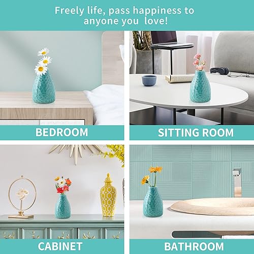 Miniatura 3 de Juego de 3 jarrones decorativos de cerámica en relieve, jarrón para decoración del hogar, sala de estar, oficina, fiestas, boda (azul verde)