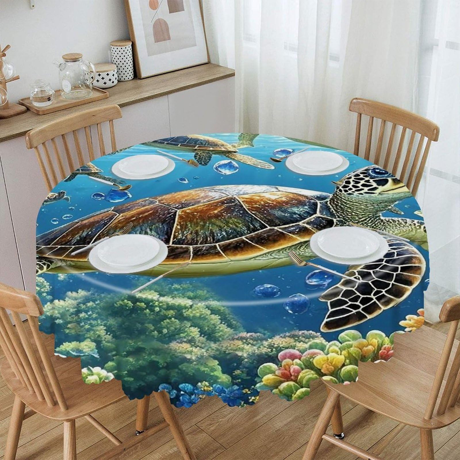 FekiLoot Sea Turtles Diamond Painting Round Tablecloth 60 Inch Waterproof Heavy Duty Table Cloth Spillproof Washable Table Cover Wrinkle Resistant Tablecloths Decorative Table Cloths