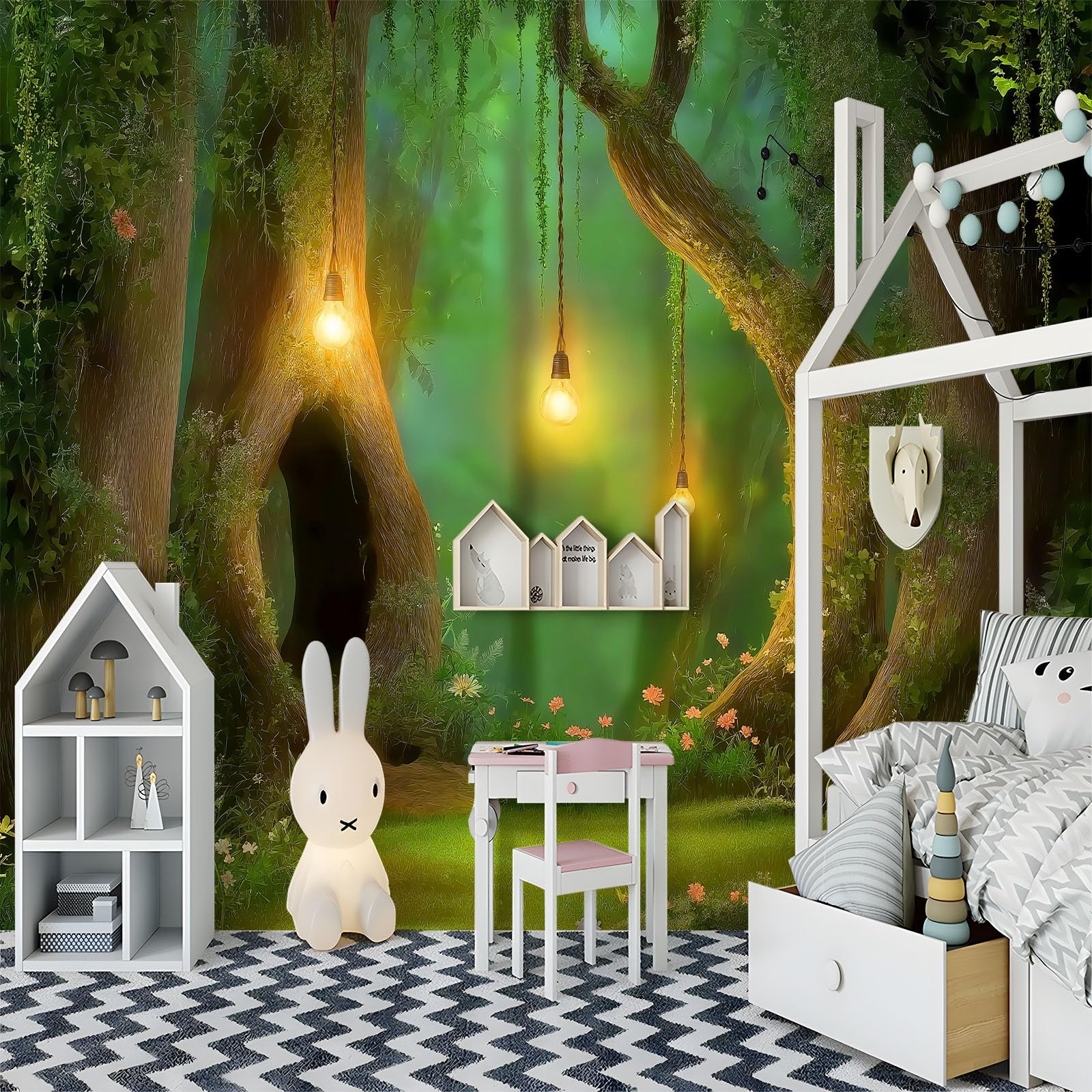 Zielona panoramiczna tapeta fantasy las, kwiaty łąki tapeta ścienna z włókniny 400 x 280 cm 3D gobelin obraz do pokoju dziecięcego dekoracja ścienna - plakat obrazy ścienne