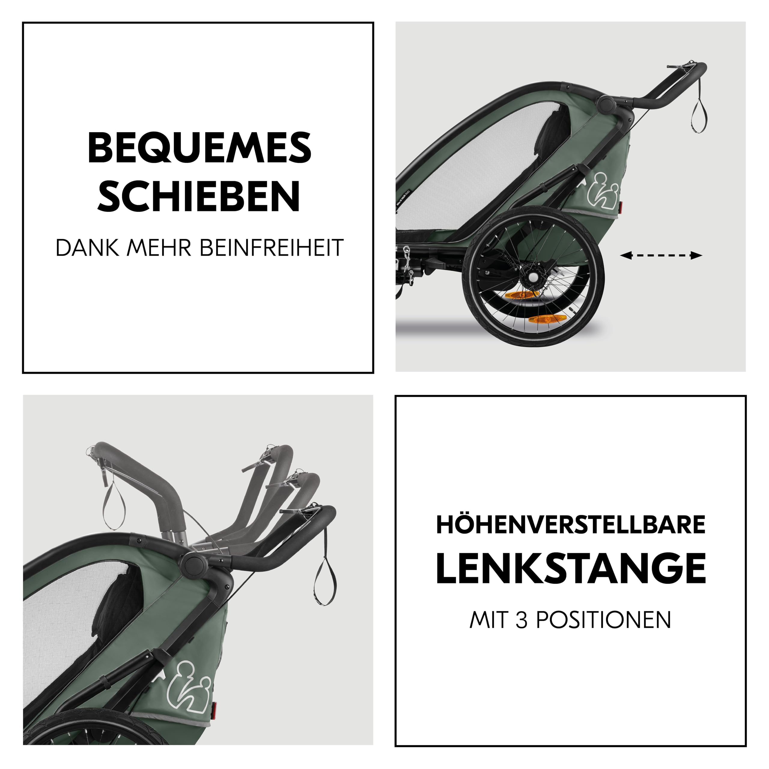 hauck 3in1 Fahrradanhänger Bike N Walk Duo Set inkl. Baby Lounger & Regenschutz | Zwillingsanhänger und Kinderwagen für 2 Kinder bis 44 kg | faltbar & gefedert