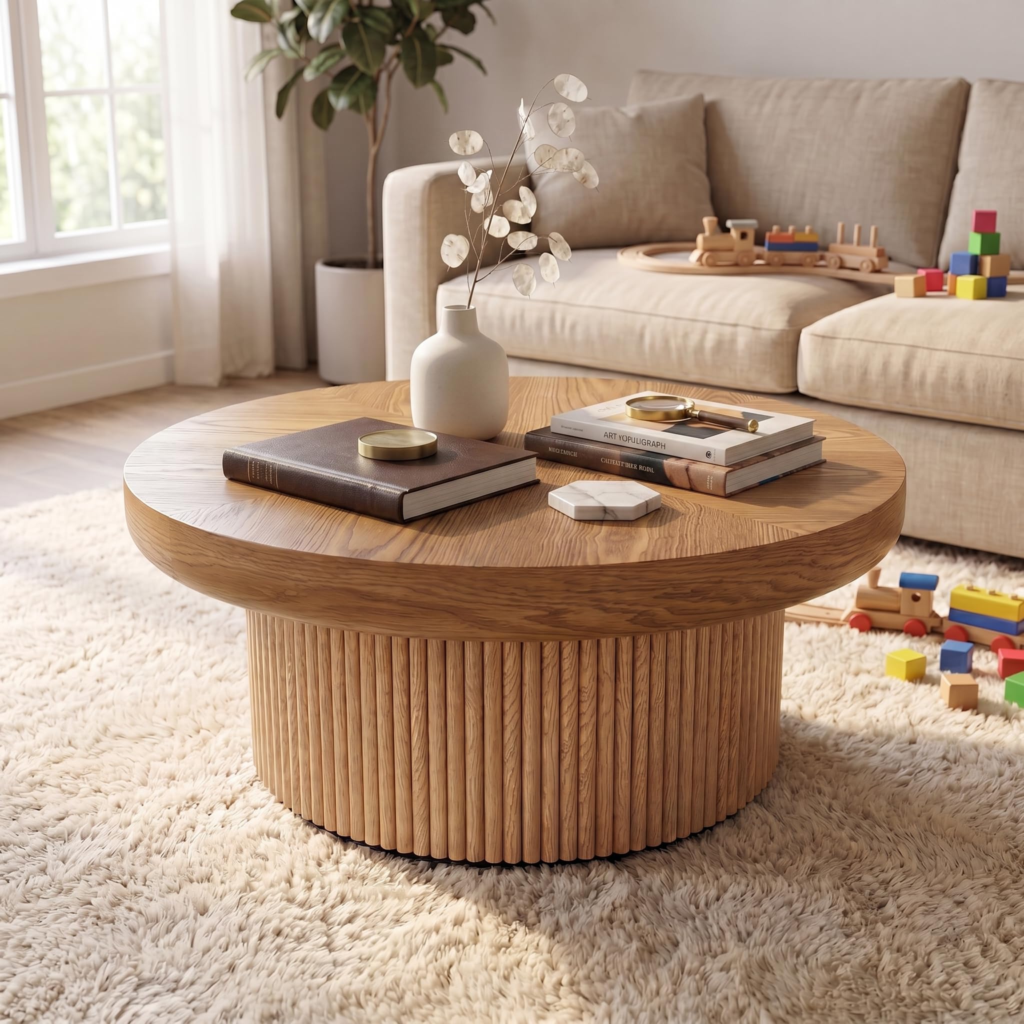 Couchtisch mit Parquet Pattern Top, Modern Round CoffeeTable,78cm | Fluted Design,Kid & Pet Friendly