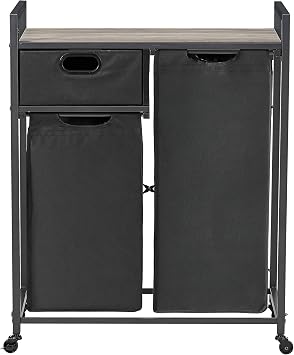 Two-Compartment Laundry Sorter Cabinet,Bathroom Storage Organize Cabinet with Drawer, Pull-out Detachable Laundry Bags, 1 Storage Rack Black+Grey