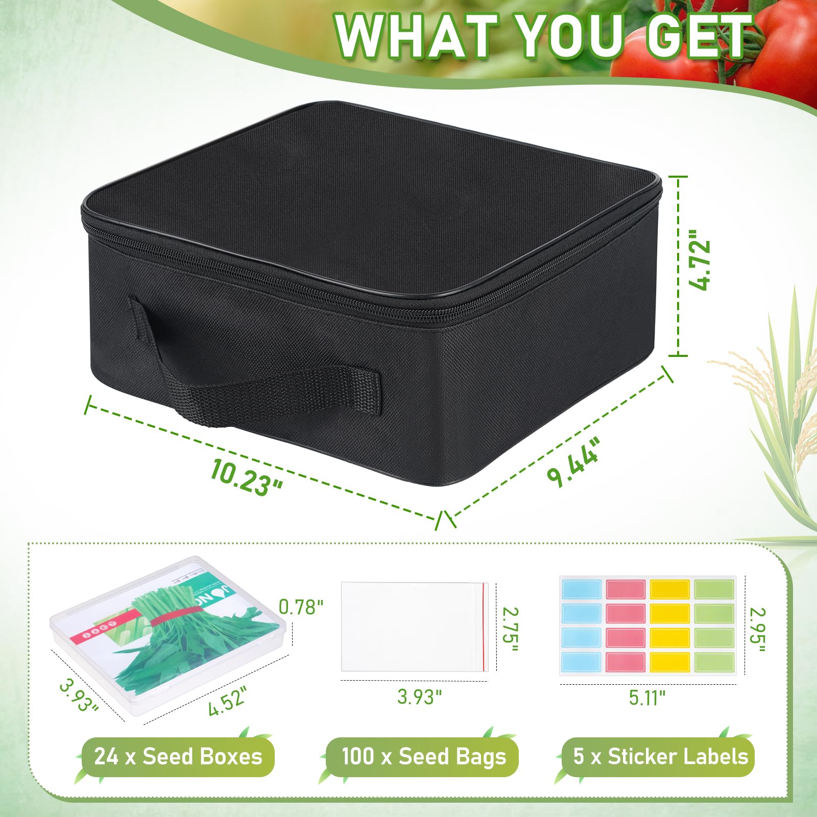 Boîte de rangement à 24 emplacements avec double fermeture éclair, 100 sacs scellés et 80 étiquettes autocollantes, récipient de rangement pour jardin, légumes, fleurs, plantes