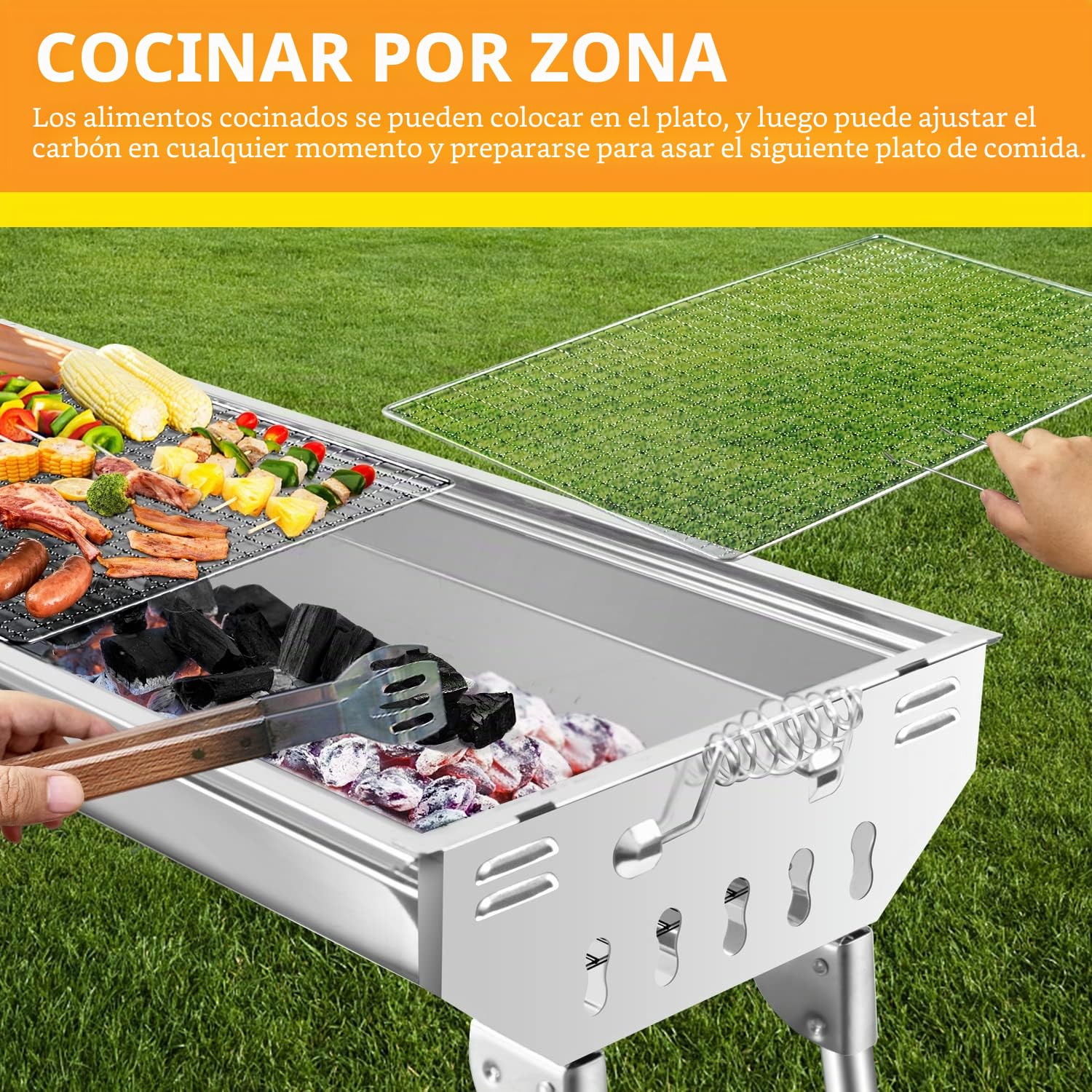 Set de parrilla para carbón vegetal SunJas que incluye ventilador, pinzas de barbacoa, tenedor, espátula para barbacoa y 12 pinchos para brochetas, barbacoa de mesa plegable para viaje