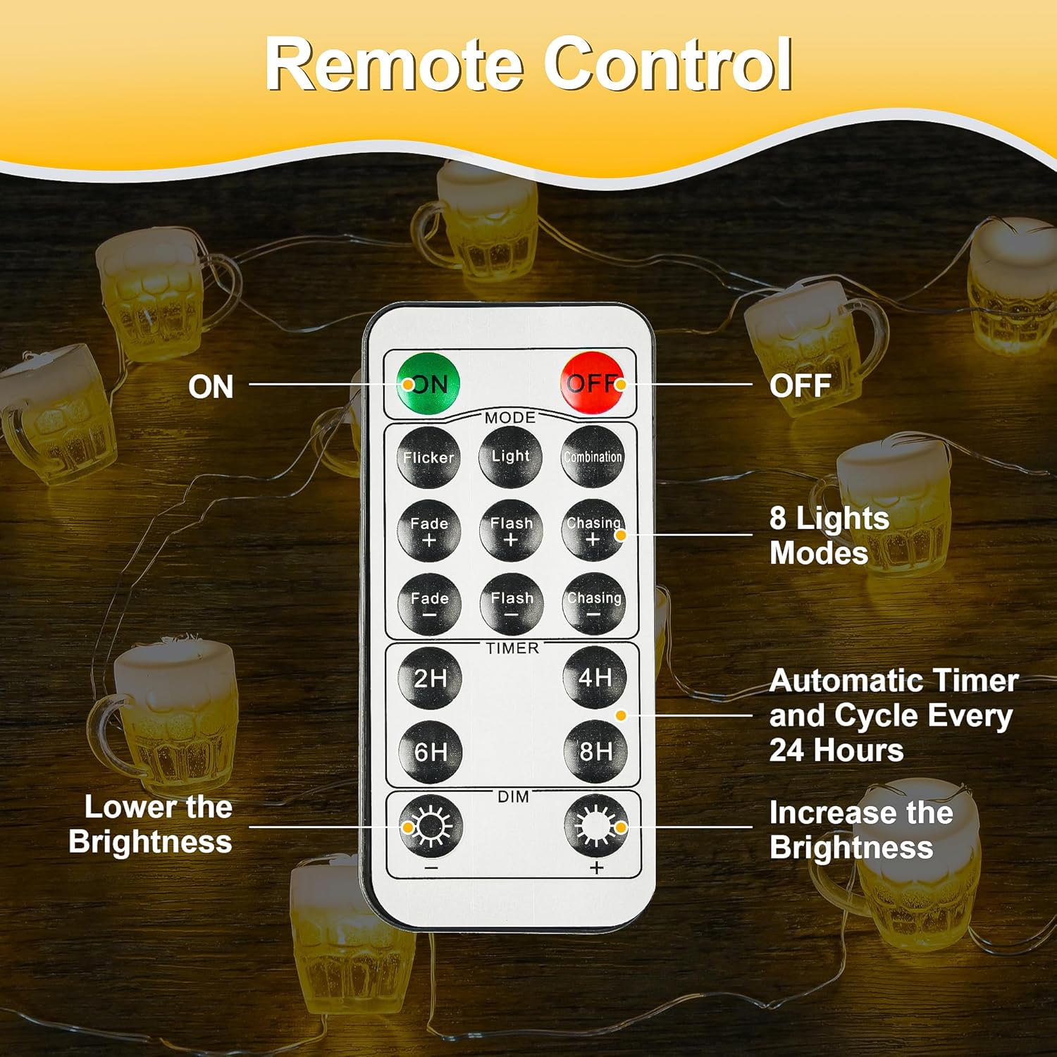 Beer Mug String Lights, USB & Battery Operated with Remote 10FT 15 LED Beer Cup Lights for St Patrick's Day Tropical Party Bar Bedroom Summer Club Decorations - Image 4