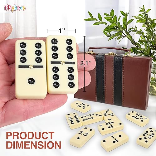 Miniatura 2 de Playbees Juego de dominó doble jumbo de seis – 28 azulejos clásicos blancos en funda de piel sintética – Divertido juguete educativo para niños,