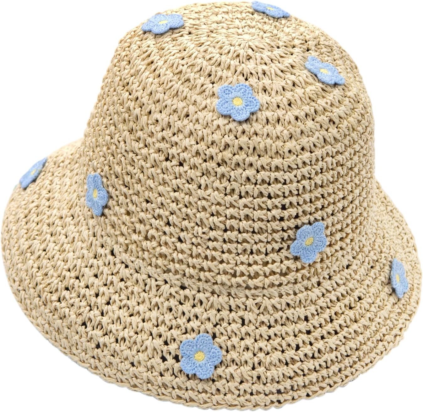 YAMEIZE Wide Brim Straw Bucket Hat - for Women UV Protection Packable Crochet Sun Hat Floral Foldable Beach Sun Cap Travel