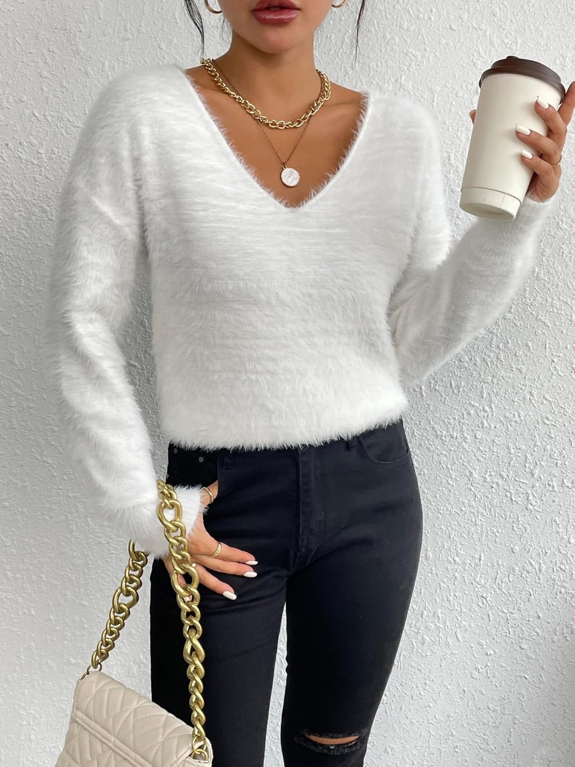 Verdusa Women's Fuzzy Cozy Sweaters V Neck Off The Shoulder Long Sleeve Pullover Fall Sweater - Image 5