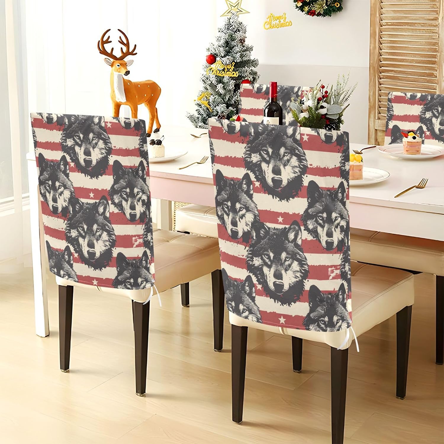 ALAZA Wolves and Stripes Chair Back Cover Set of 6, Washable Reusable Removable Chair Slipcovers Decorative Chair Cover for Home Kitchen Wedding Party