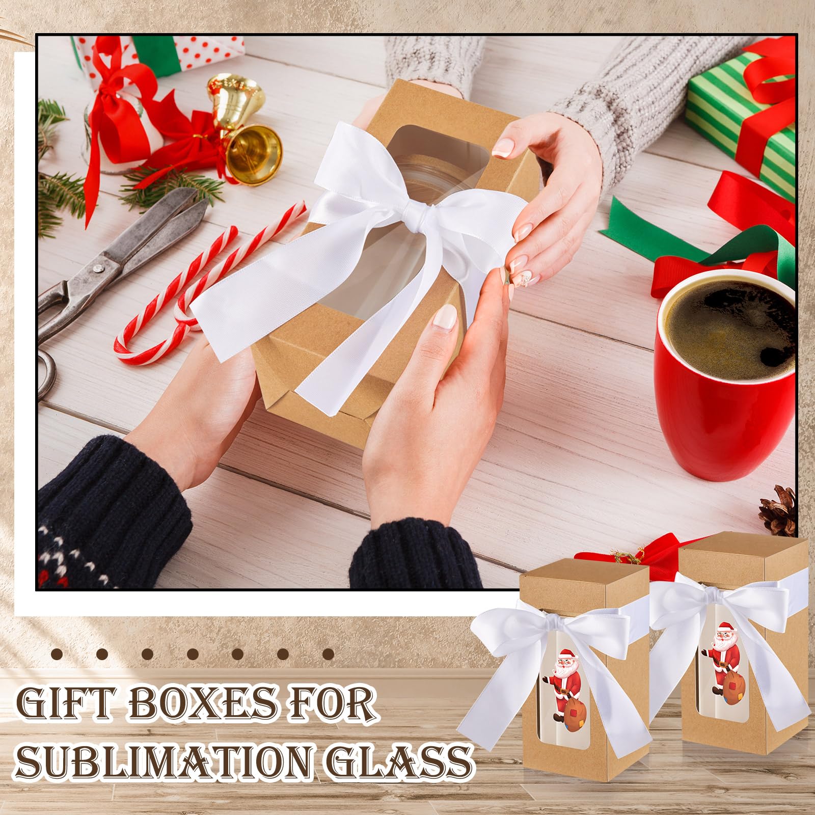 Fulmoon 12 Sets Sublimationsglas-Boxen, Dankeschön-Glasflaschen-Boxen mit Schleife, Geschenkverpackung, Gaine für Muttertag, Hochzeit, Party, Versand, Rohlinge, Sublimation, Geschenkverpackung, Braun