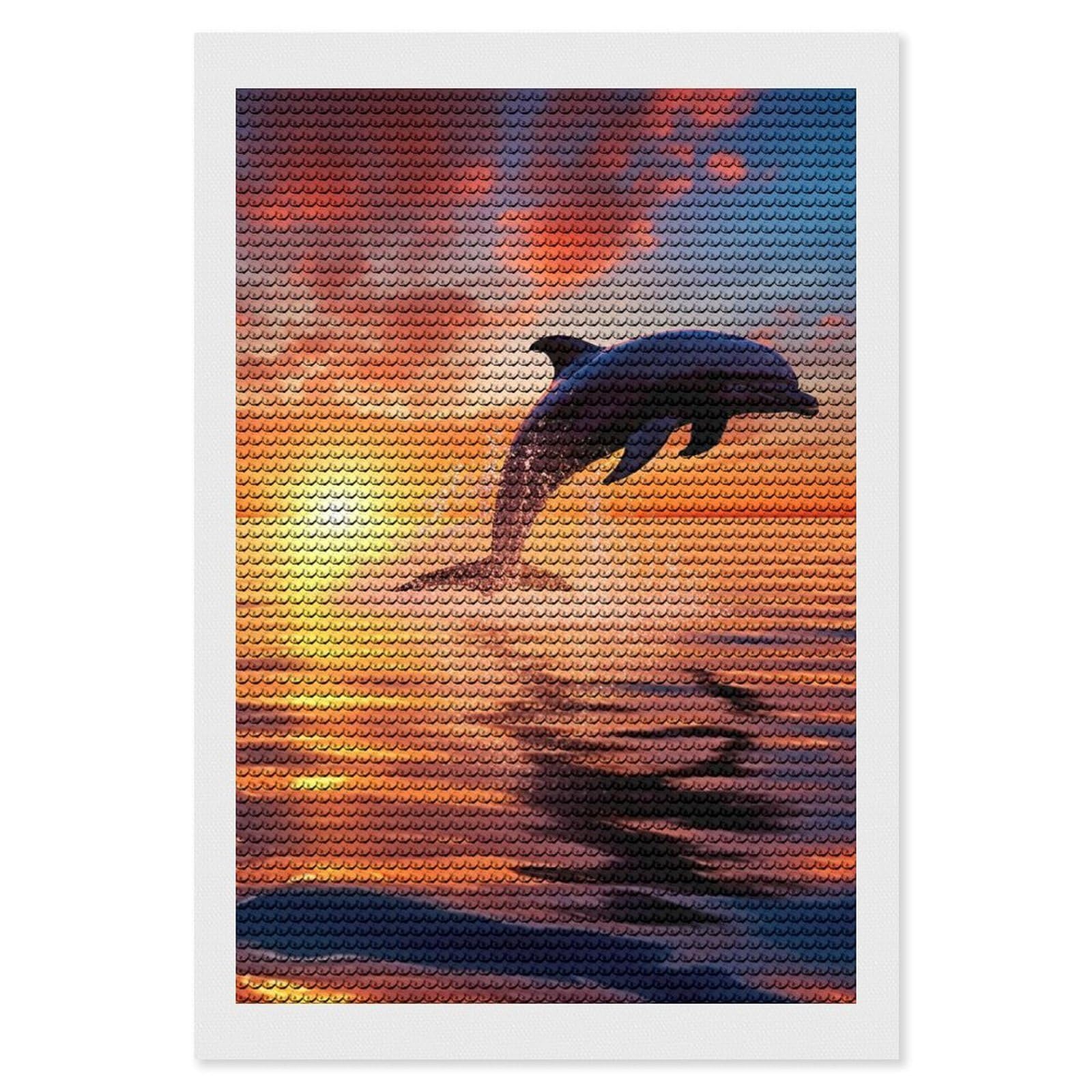 FodPand Diamond Art Kits for Adults, 5D Aurora Diamond Painting Kits for Beginners, Sunset Dolphin DIY Full Drill Dots Gem Art Paint Crafts for Home Wall Decor 8"x12"