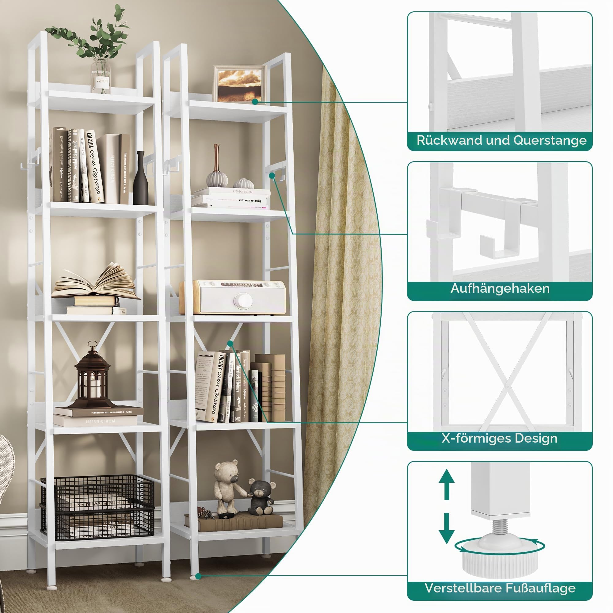 YITAHOME Bücherregal mit 5 Ebenen, industrielles Leiterregal, freistehendes Holzregale und Metallrahmen, modernes Regal für Wohnzimmer, Flur, Büro, reinweißes