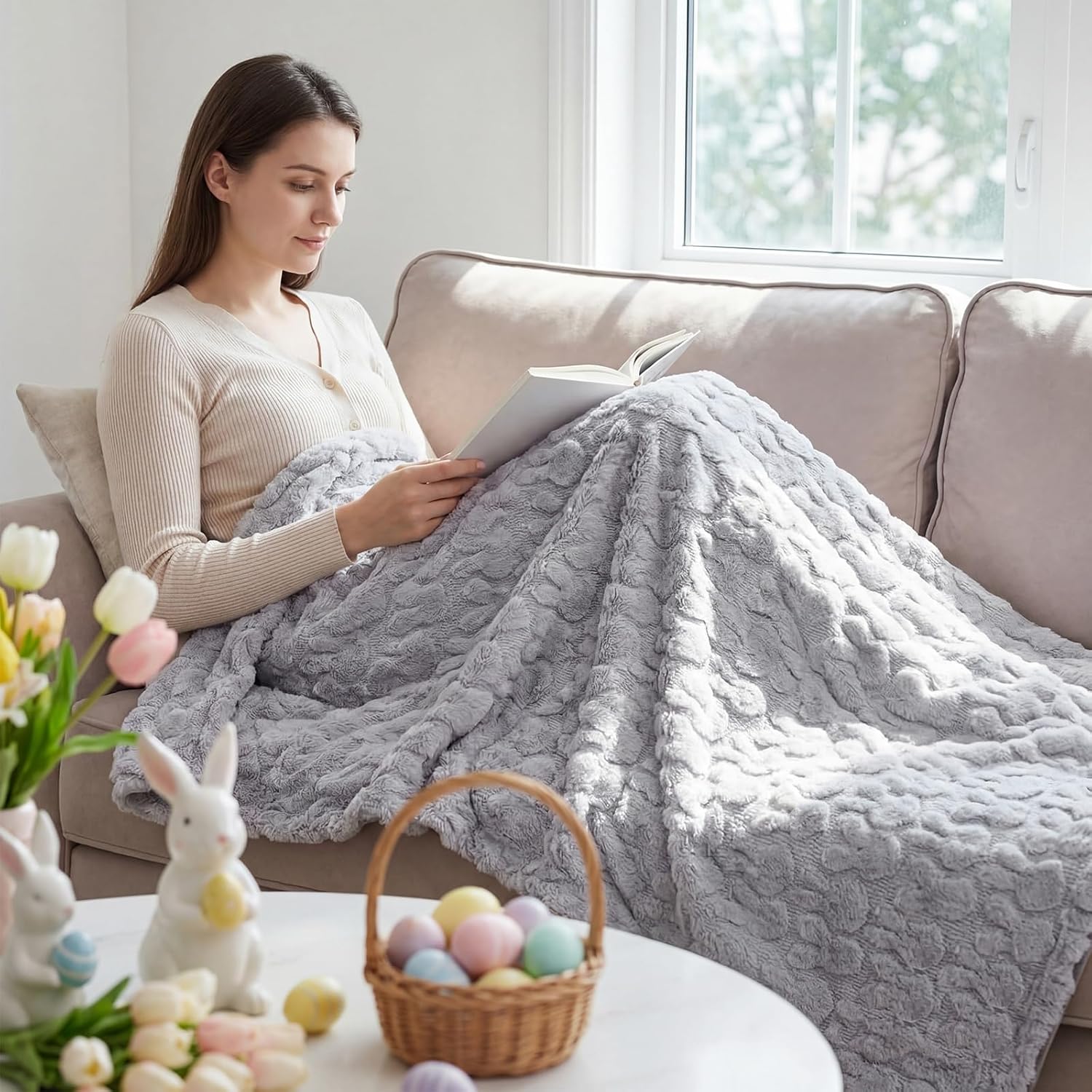 Moukeren Spring Easter Bunny Throw Blanket 50" x 60" - 3D Jacquard Bunny Throws, Cozy Soft Rabbit Spring Plush Easter Gifts for Living Room Couch Sofa Bed Decor(Gray)