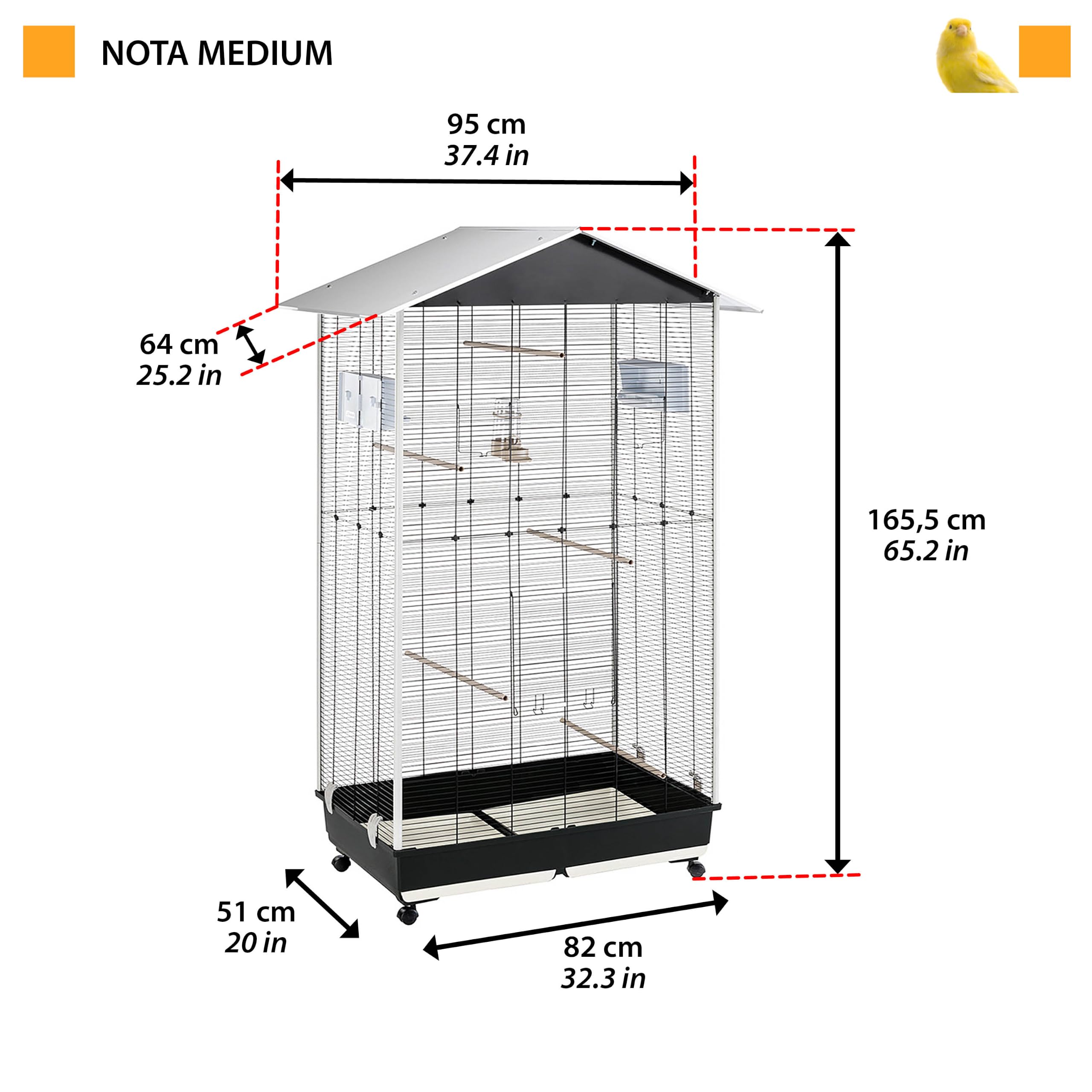 Ferplast Cage à Oiseaux NOTA Volière extérieure pour Oiseaux, Canaris, Pinsons, Perruches Ondulées, Inséparables, en Métal, Accessoires Inclus Mangeoires rotatives Perches Roues, 95x64xh 165,5 cm.