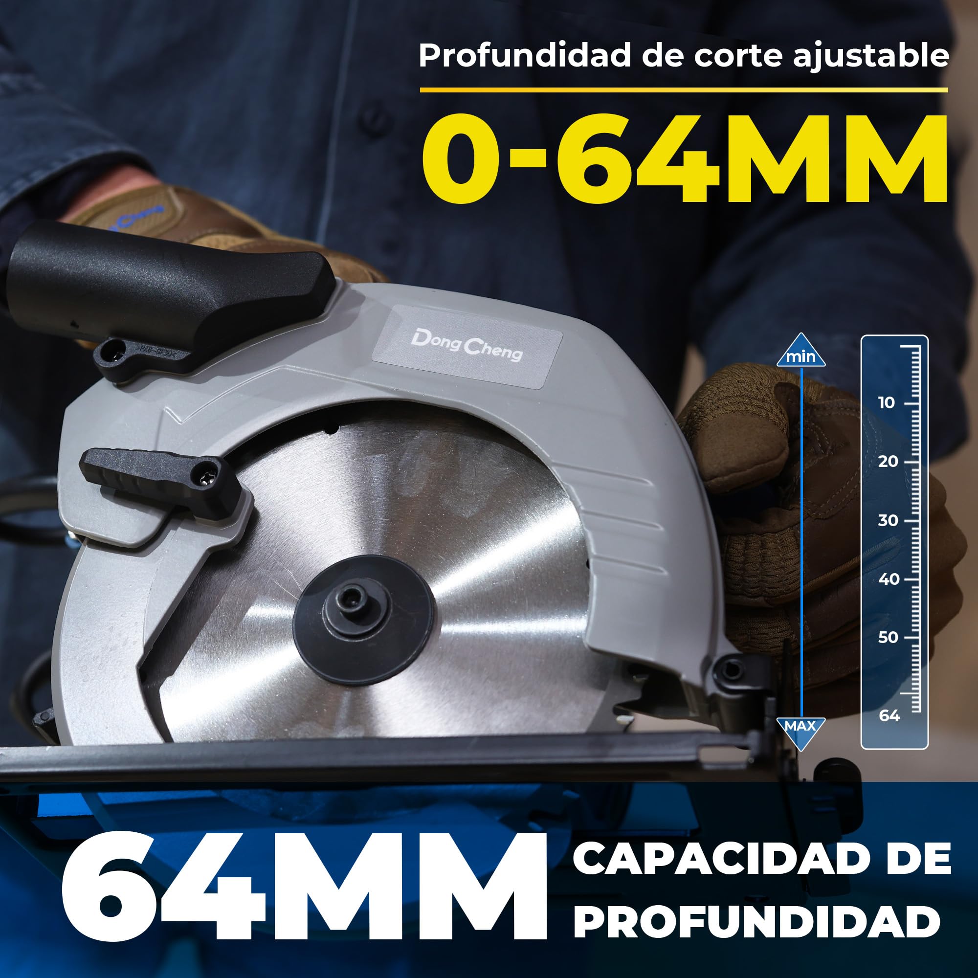 DongCheng Sierra Circular 1500W, Ø185mm, Profundidad de Corte 64mm, 5300 rpm, Inclinación 0-45°, 3 Hojas de Sierra, con Cable | 5300 rpm con 3 hojas de sierra de carburo (24T/40T), tope paralelo y aspiración de polvo para carpintería precisa